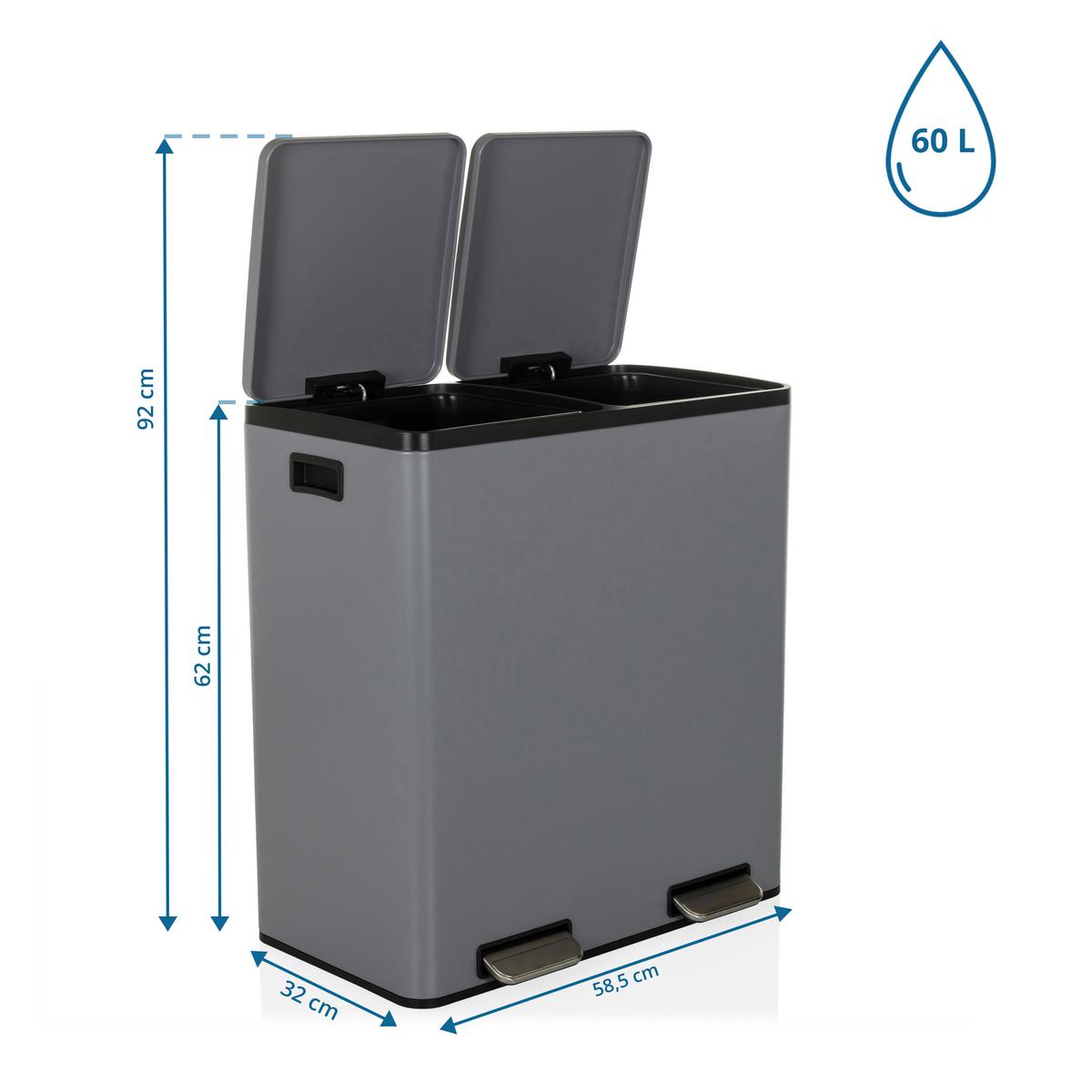 Abfallsammler Clean Grau ca. 58,5x62x32cm - Schwarz/Grau, MODERN, Kunststoff/Metall (58,5/62/32cm) - MID.YOU