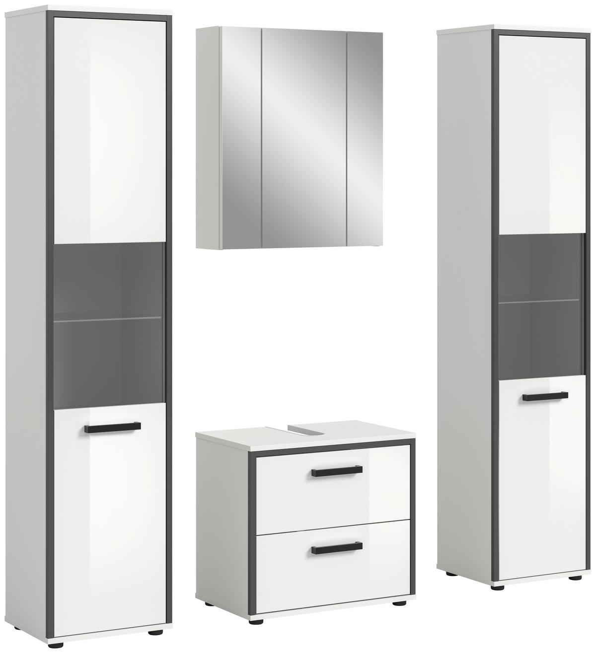 Badezimmer Kojak 4-tlg. Weiß/Anthrazit - Weiß Hochglanz, MODERN, Holzwerkstoff/Kunststoff (140cm) - MID.YOU