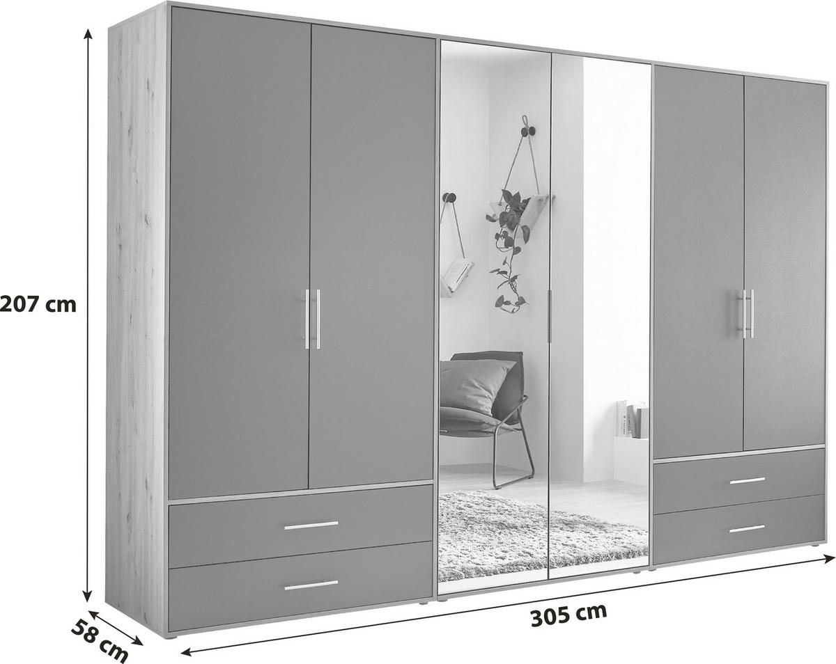 Șifonier VELAS - grafit/stejar Artisan, Konventionell, sticlă/material pe bază de lemn (305/207/58cm) - Modern Living