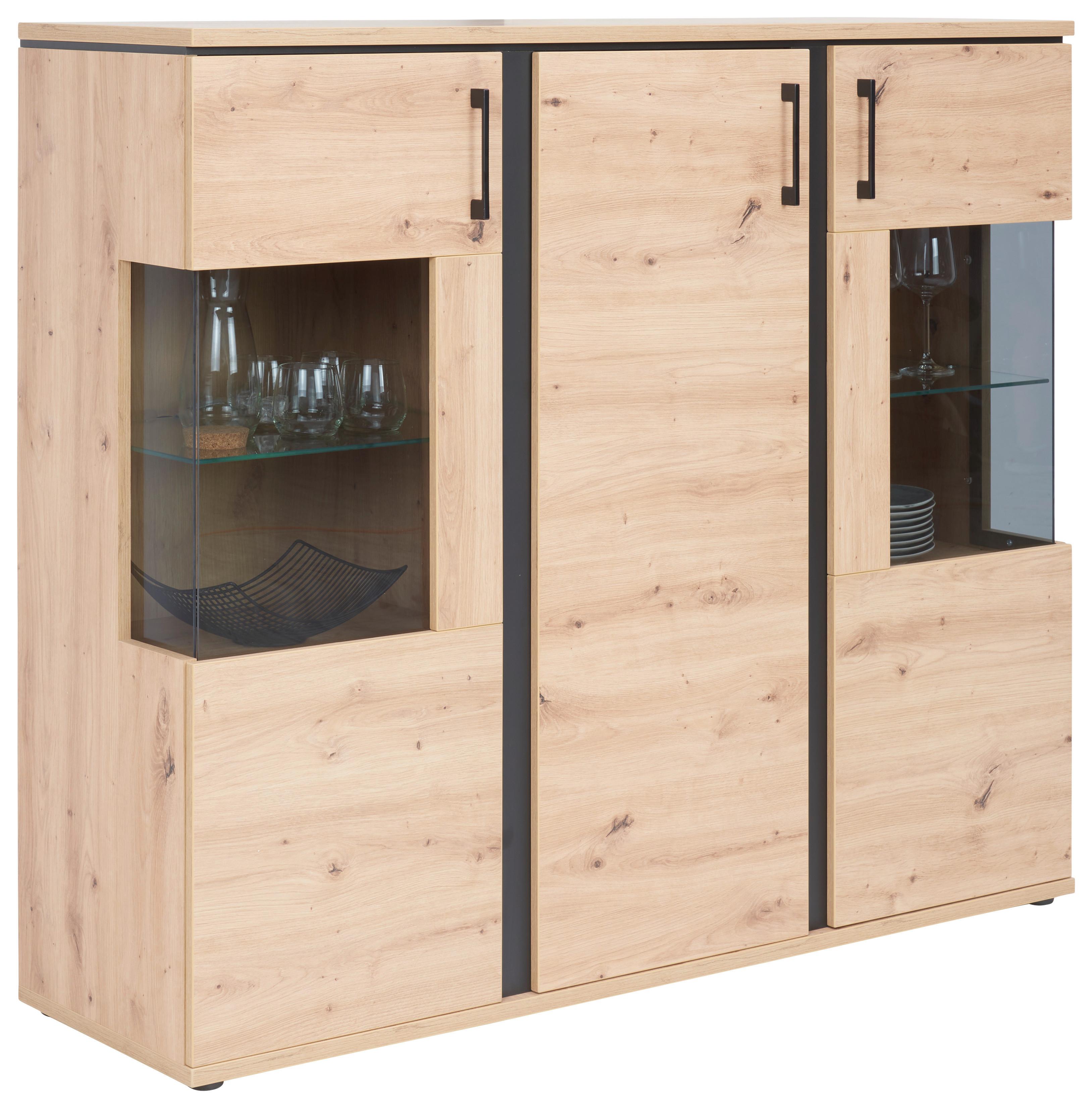 Comodă înaltă NATURE NATK 02 - culoare lemn stejar, Konventionell, sticlă/material pe bază de lemn (145cm)
