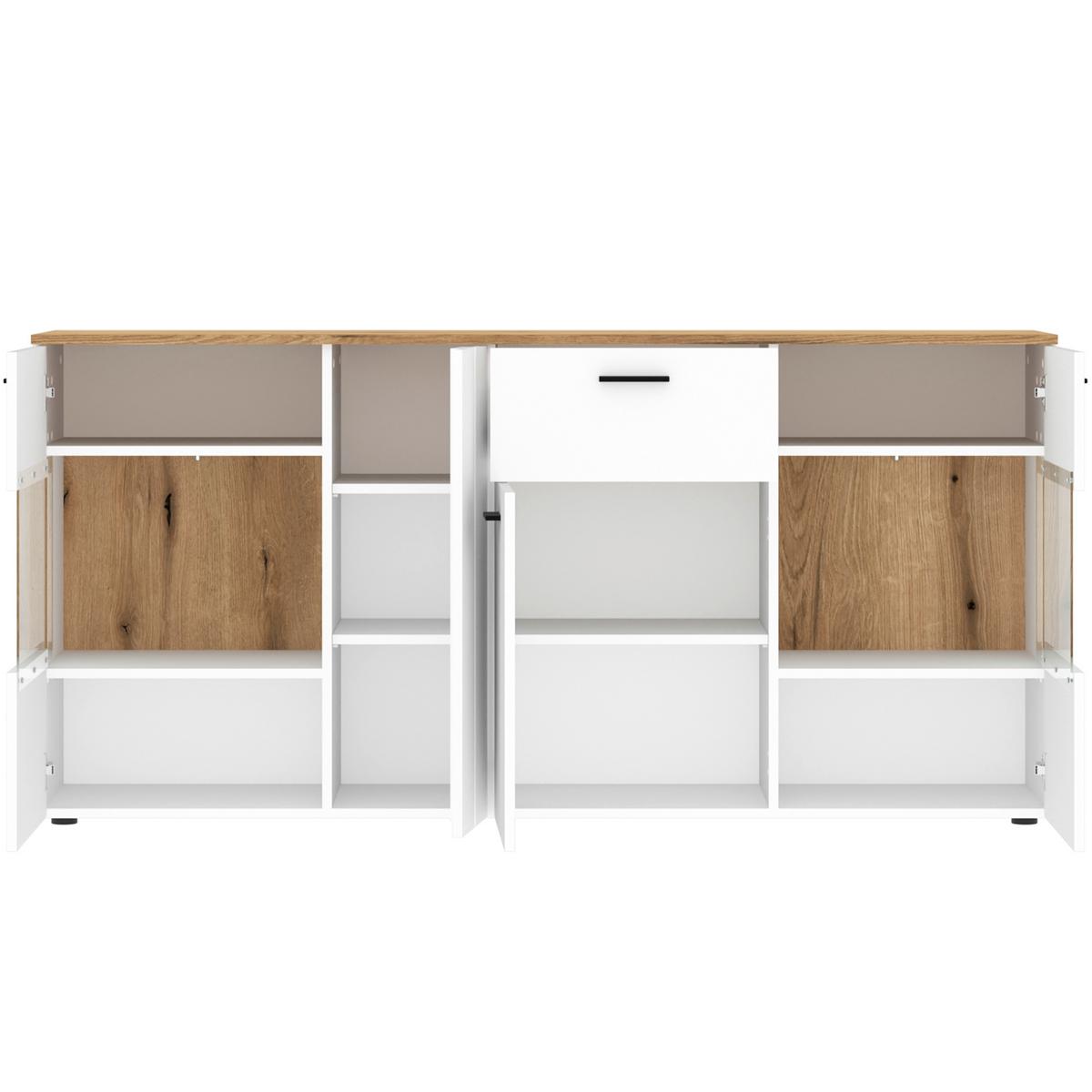 Comodă cu uși DALANO - alb/culoare lemn stejar, Trend, sticlă/material pe bază de lemn (173,5/83,4/42cm) - Modern Living