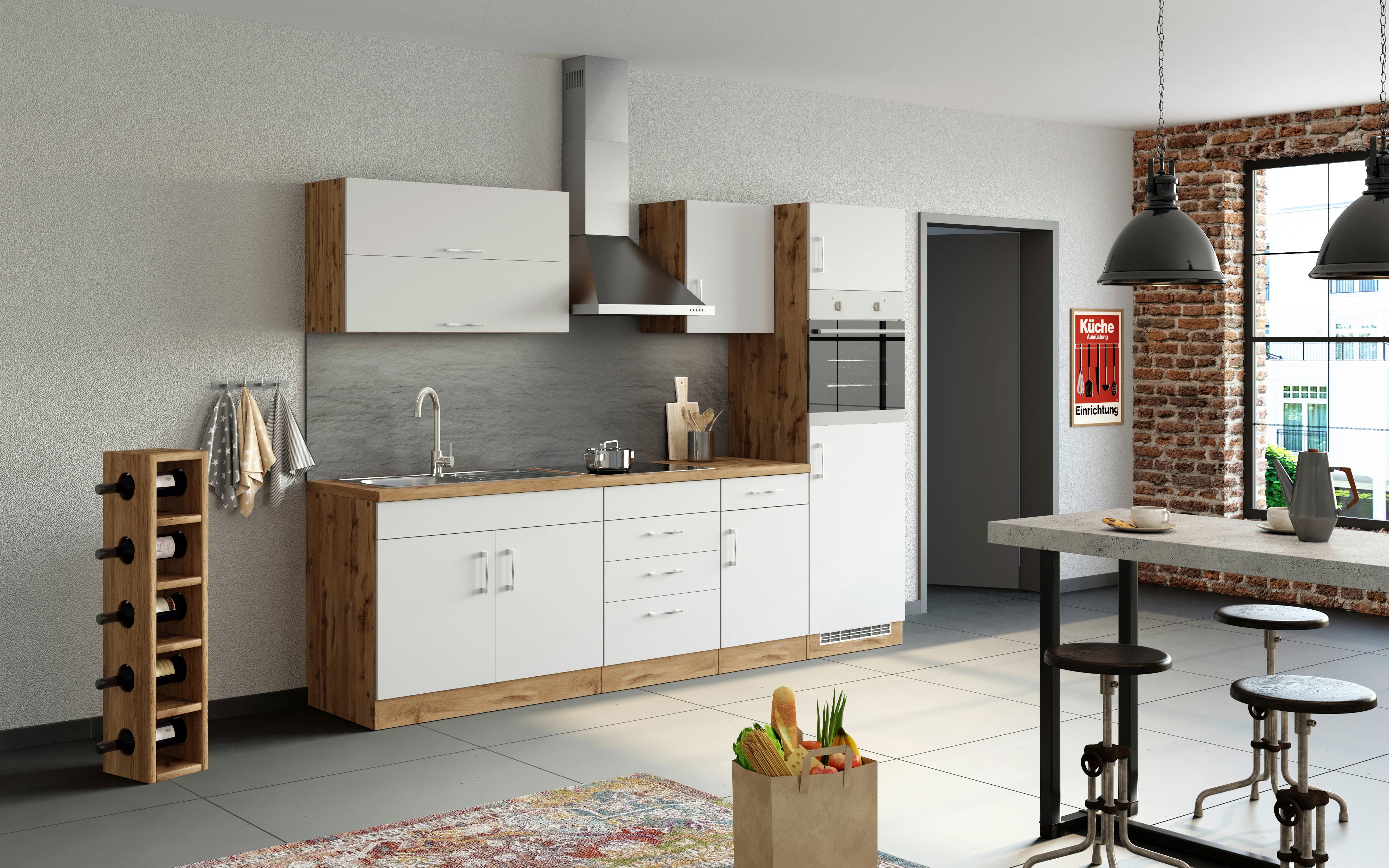 Küchenblock Sorrento mit Geräten ca. 270 cm Weiß/Eiche - Chromfarben/Eiche Wotan, MODERN, Holzwerkstoff/Metall (270cm) - Held