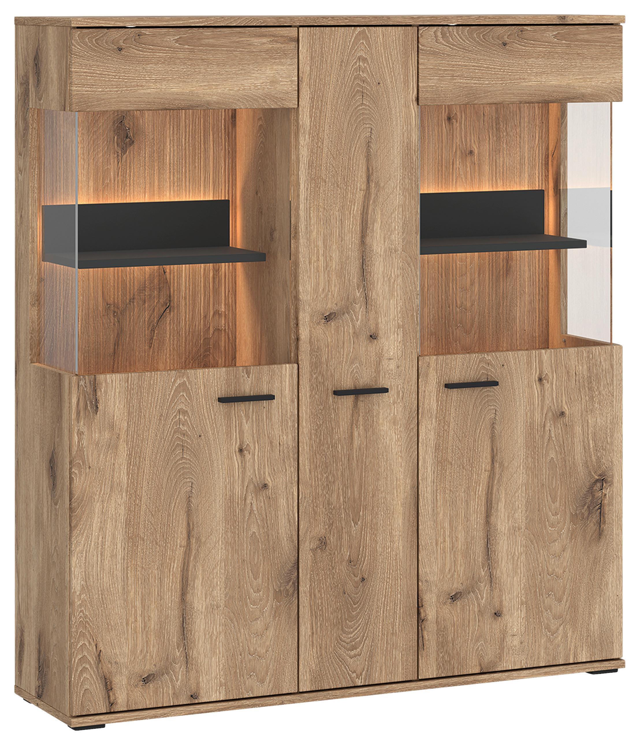 VITRINĂ PARDOO - culoare lemn stejar/antracit, Trend, sticlă/material pe bază de lemn (115/133,7/37cm) - Modern Living