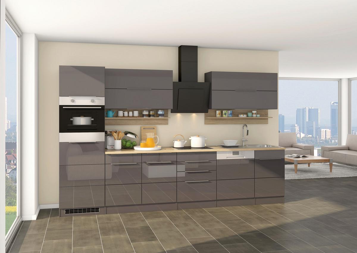 Küchenblock Neapel II Grau Hochglanz/Eichefarben - Grau Hochglanz/Alufarben, MODERN, Holzwerkstoff/Metall (330cm) - Held