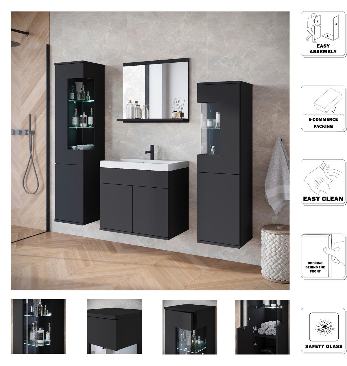 Badezimmer-Set Narobi 5-tlg. mit LED ca. 120 cm Schwarz - Schwarz/Weiß, Trend, Glas/Keramik (120,4cm) - P & B