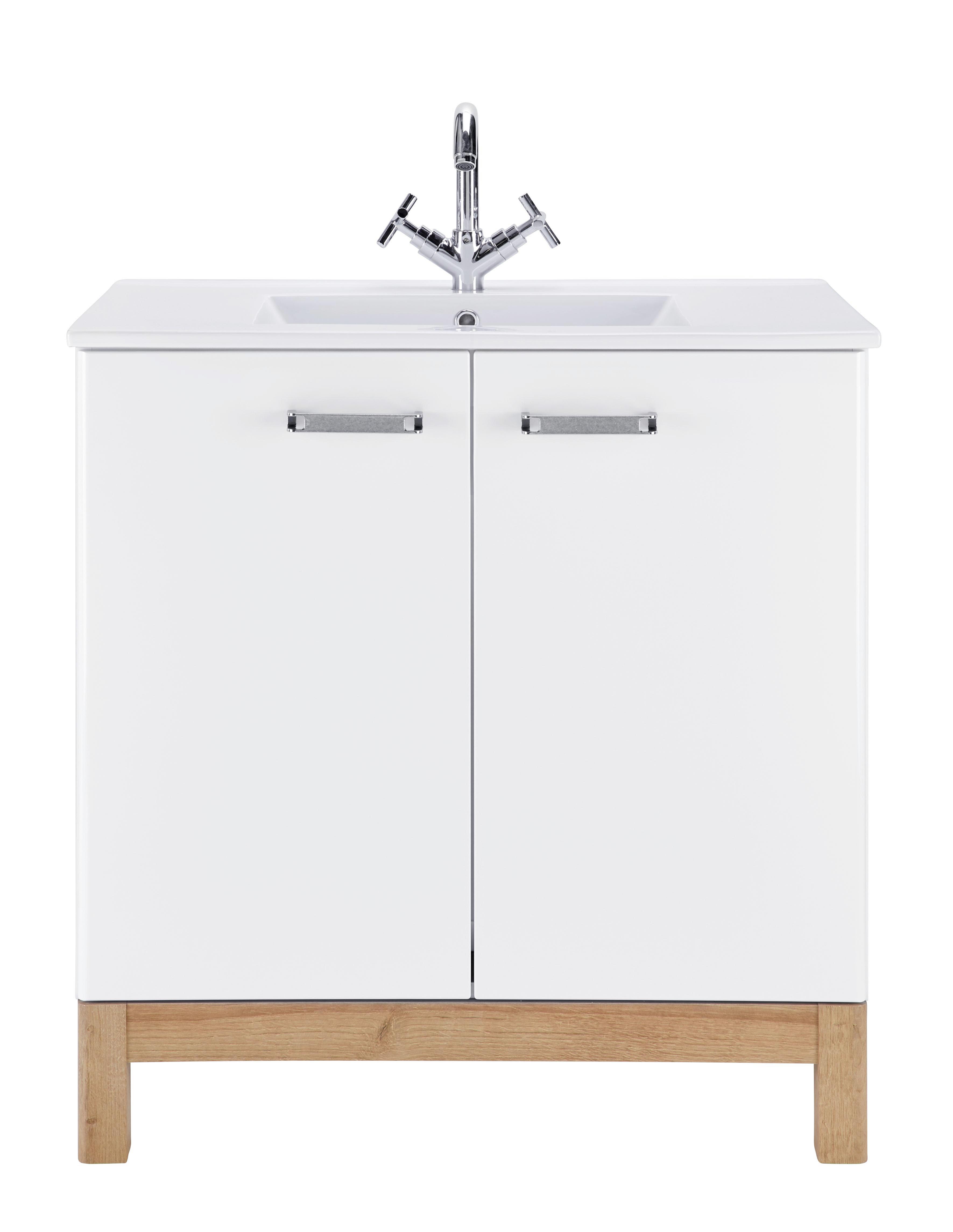 Waschtischkombi Weiß/Eichefarben - Chromfarben/Eichefarben, MODERN, Keramik/Holzwerkstoff (80/84/46cm)