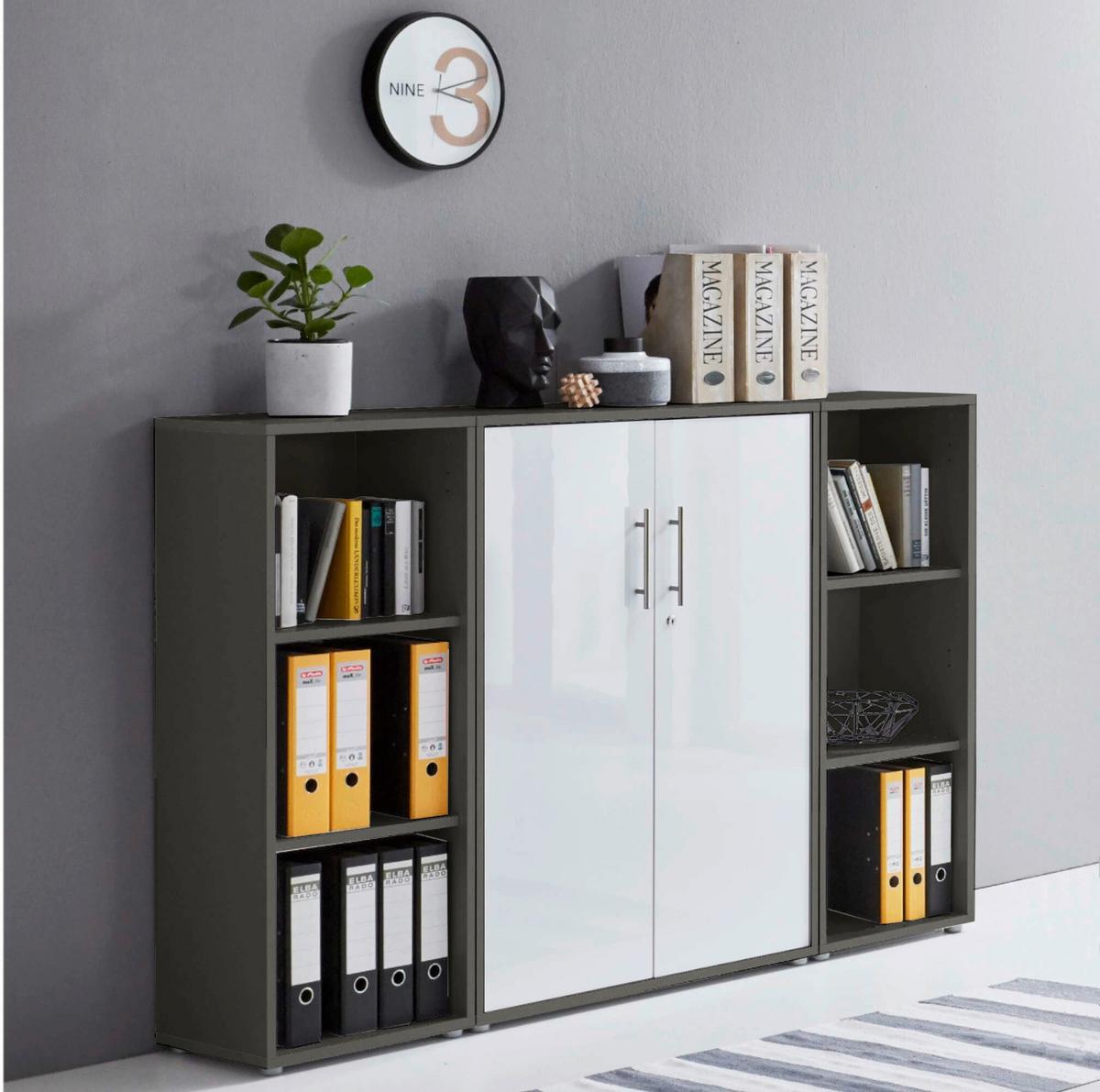AKTENSCHRANK OFFICE EDITION - SW SET 2 - Weiß Hochglanz/Anthrazit, MODERN, Holzwerkstoff (172,6/113,6/33cm) - MID.YOU
