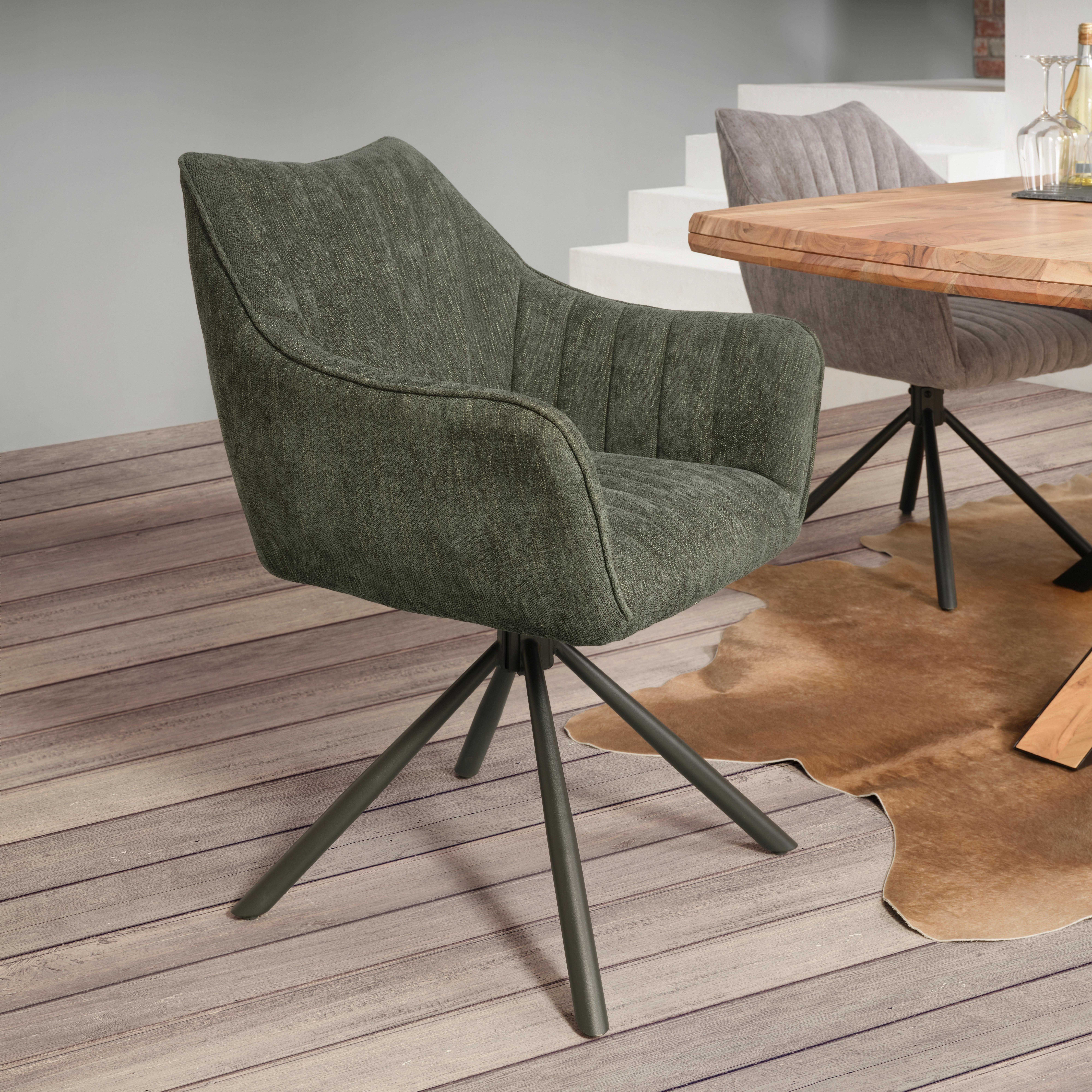 Armlehnstuhl Trient in Olivgrün - Schwarz/Olivgrün, MODERN, Textil/Metall (62/87/65cm) - Premium Living