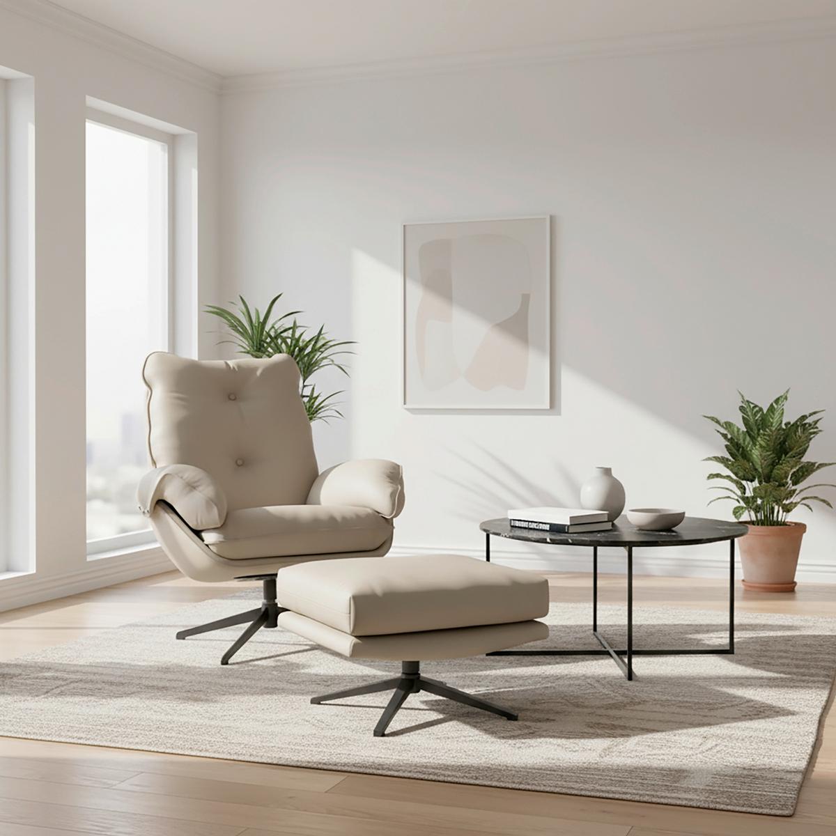 Sessel Andrea Lederlook Beige Drehbar - Beige/Schwarz, MODERN, Holz/Textil (82/105/100cm) - Bessagi Home