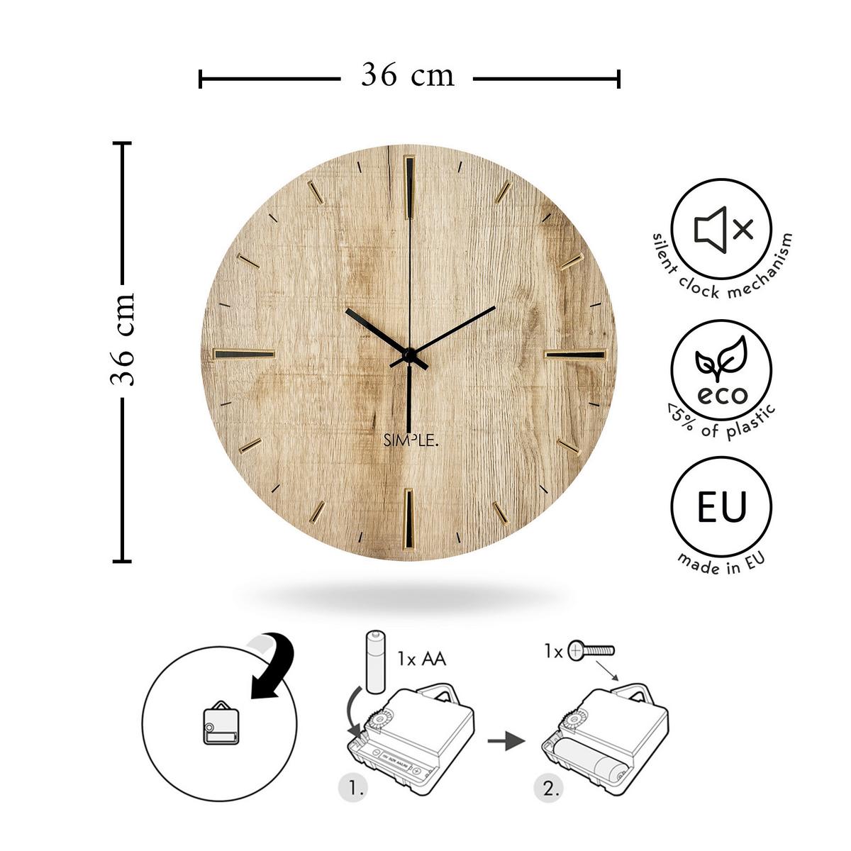 Wanduhr Schwarz/Eichefarben Ø ca. 36cm - Eichefarben/Schwarz, Basics, Holz/Kunststoff (36/37/5cm)