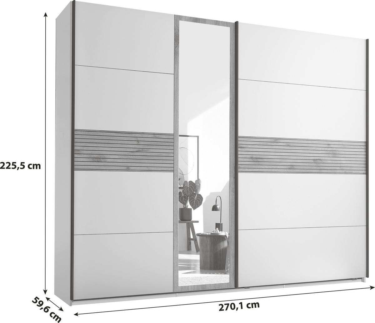 Omara Z Drsnimi Vrati Leo, Bela, Barva Hrasta - črna/barve hrasta, Moderno, kovina/leseni material (270,1/225,5/59,6cm) - MID.YOU