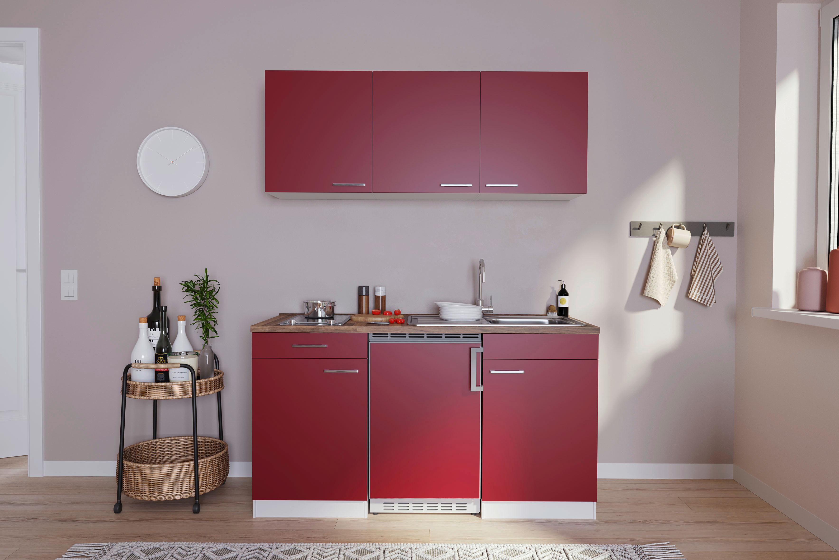 Miniküche Economy m. Geräten Rot B: ca. 150 cm - Edelstahlfarben/Rot, Basics, Holzwerkstoff/Kunststoff (150cm) - Respekta