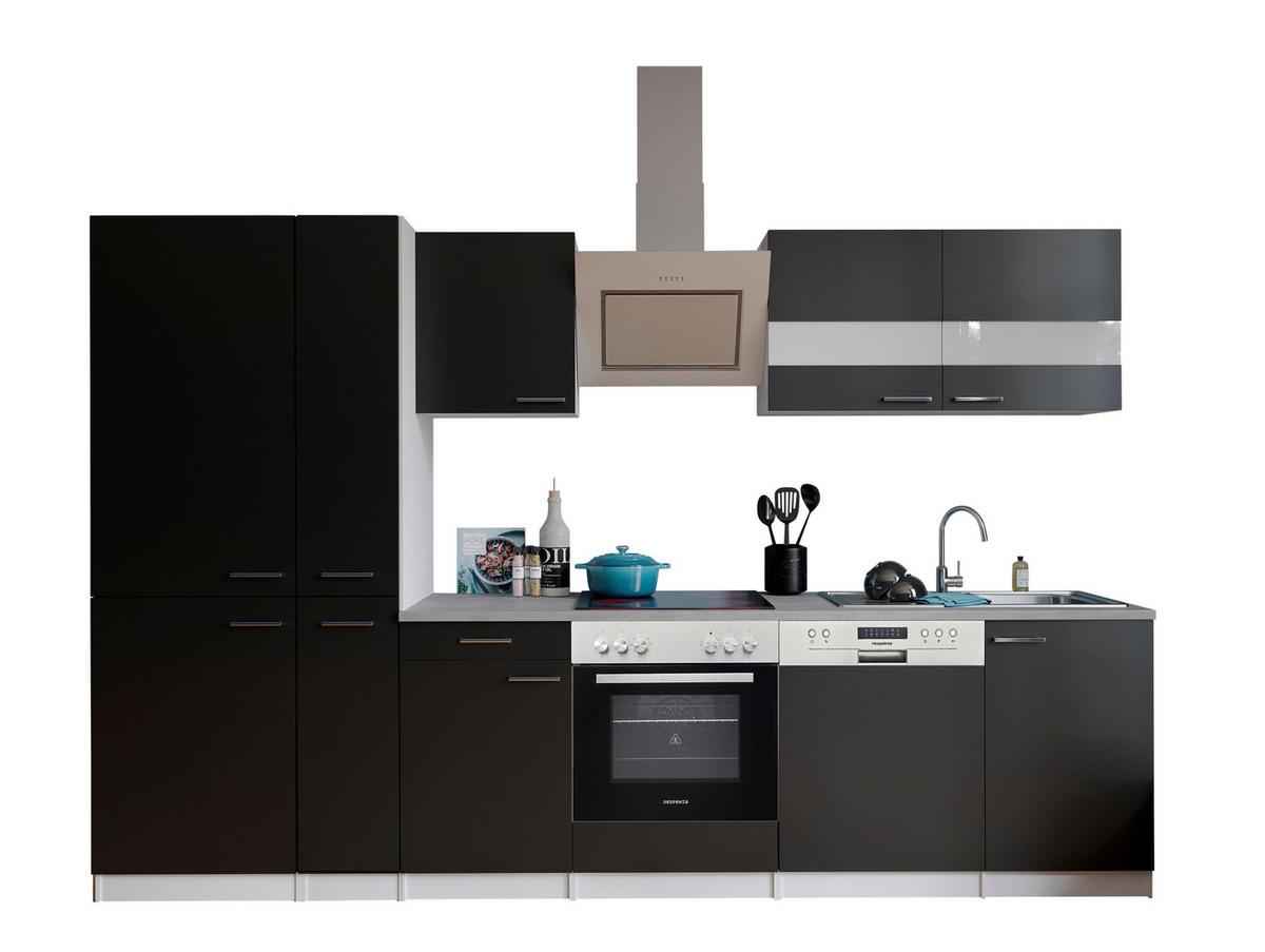 Küchenblock Malia mit Geräten ca. 310 cm Schwarz - Edelstahlfarben/Schwarz, Basics, Holzwerkstoff/Metall (310cm) - Respekta