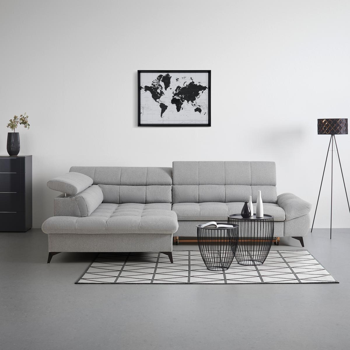 Wohnlandschaft Alberto Hellgrau mit Bettfunktion - Hellgrau/Schwarz, MODERN, Textil/Metall (201/296cm) - Mömax