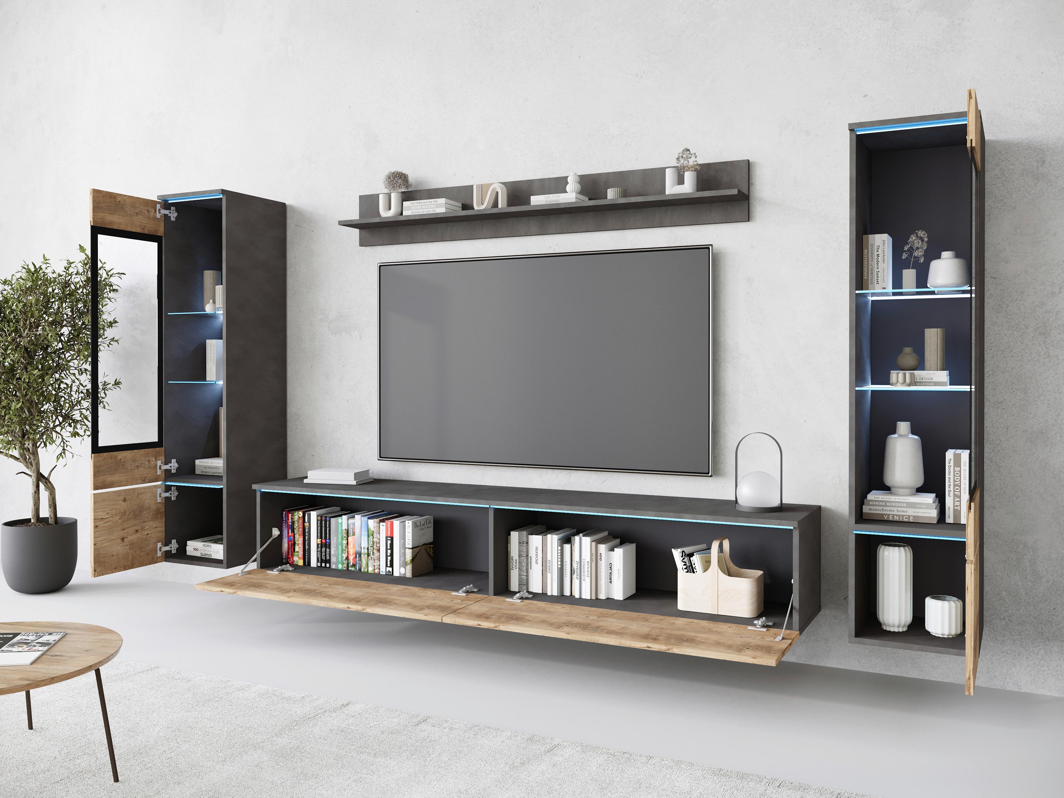 Dnevni Regal Vera I, Antracit, Barva Kostanja, Z Osvetlitvijo - siva/barva kostanjevega hrasta, Trend, umetna masa/steklo (240/130/33cm) - P & B