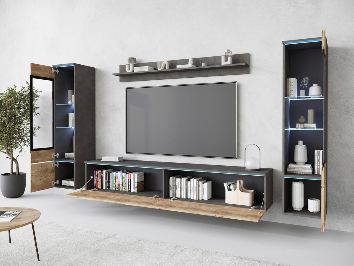 Dnevni Regal Vera I, Antracit, Barva Kostanja, Z Osvetlitvijo - siva/barva kostanjevega hrasta, Trend, umetna masa/steklo (240/130/33cm) - P & B