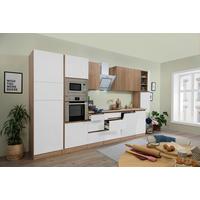 Küchenzeile Premium m. Geräte Weiß/Eiche B: ca. 395 cm - Eichefarben/Weiß Hochglanz, Basics, Holzwerkstoff (395cm) - Respekta