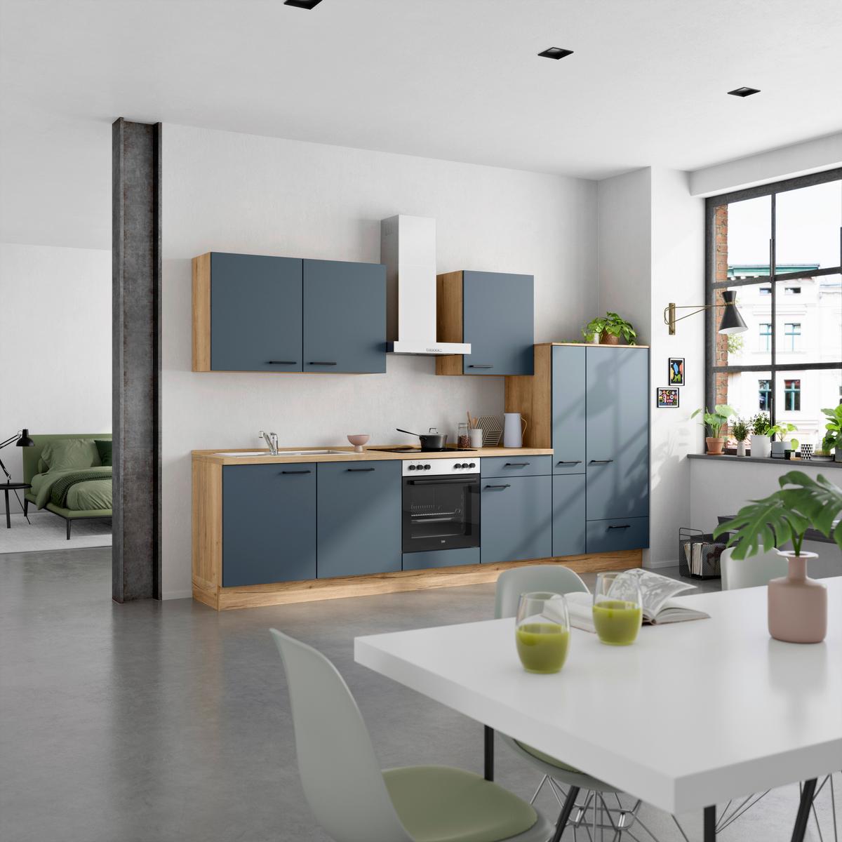 Küchenblock Easytouch Low m. Geräten Dunkelblau - Eichefarben/Schwarz, MODERN, Holzwerkstoff/Metall (330cm) - Nobilia