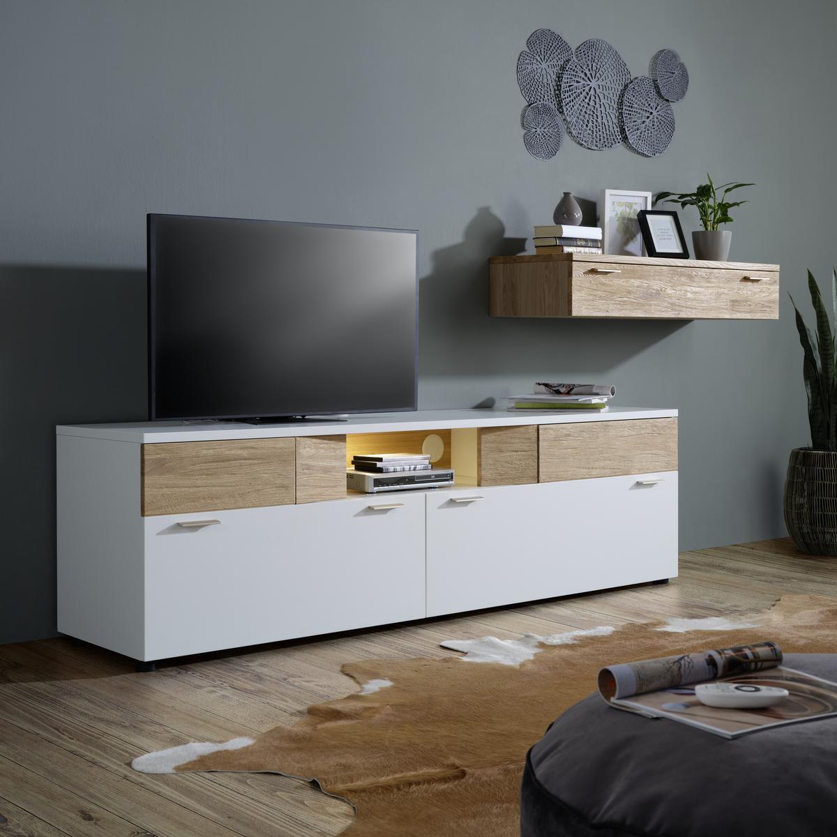 Highboard aus Eiche teilmassiv - Weiss/Edelstahlfarben, Modern, Glas/Holzwerkstoff (180/132/40cm) - Premium Living