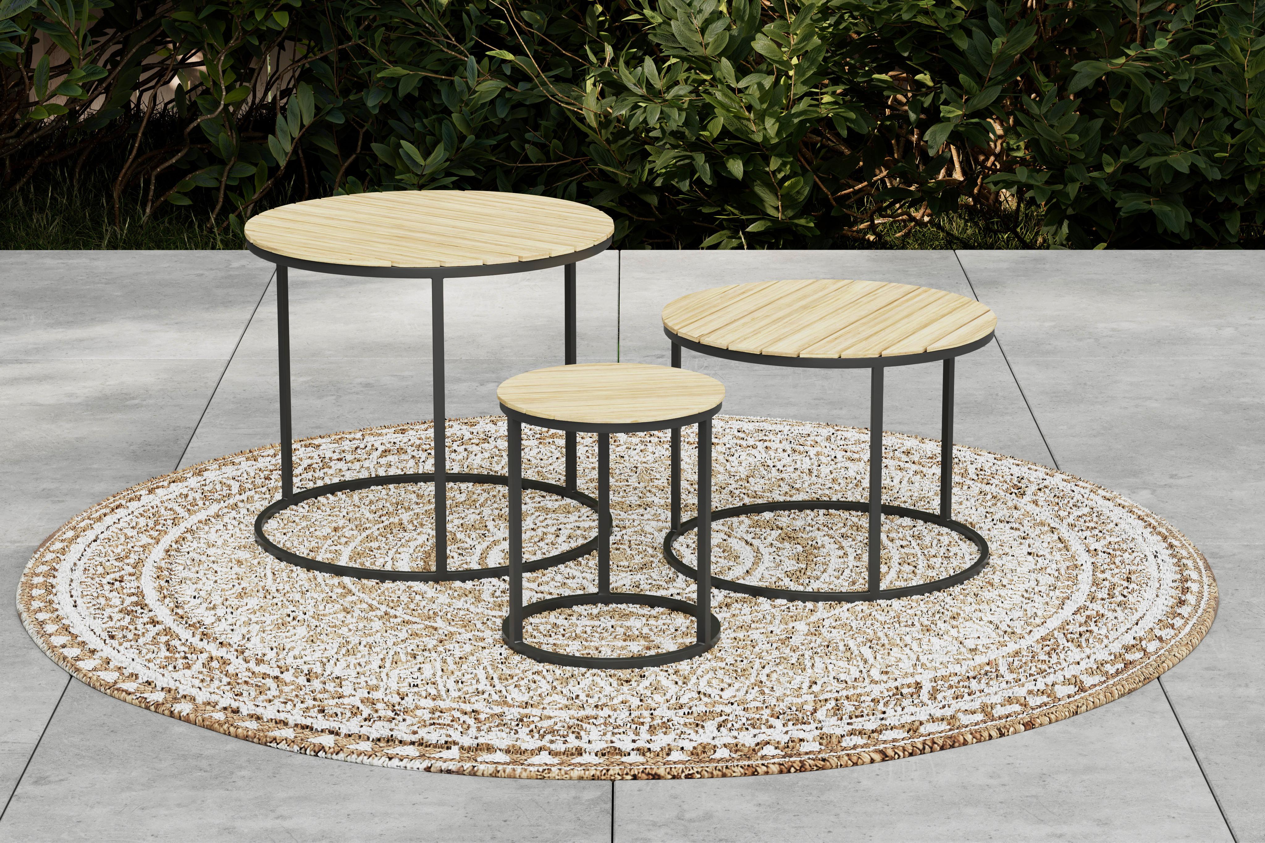 OGRODOWY STOLIK BOCZNY-ZESTAW SALERNO - kolor akacjowy/czarny, Modern, metal/drewno (76/56/36/50/45/40/76/56/36cm) - Ambia Garden