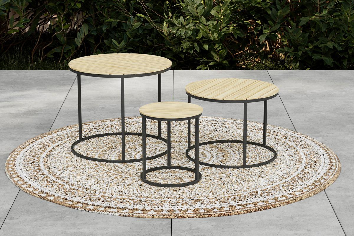 OGRODOWY STOLIK BOCZNY-ZESTAW SALERNO - kolor akacjowy/czarny, Modern, metal/drewno (76/56/36/50/45/40/76/56/36cm) - Ambia Garden