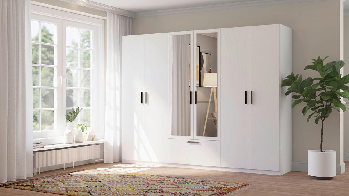 Drehtürenschrank Milos 6T1S2S Weiss - Weiss/Schwarz, Modern, Glas/Holzwerkstoff (270/210/54cm) - Mömax