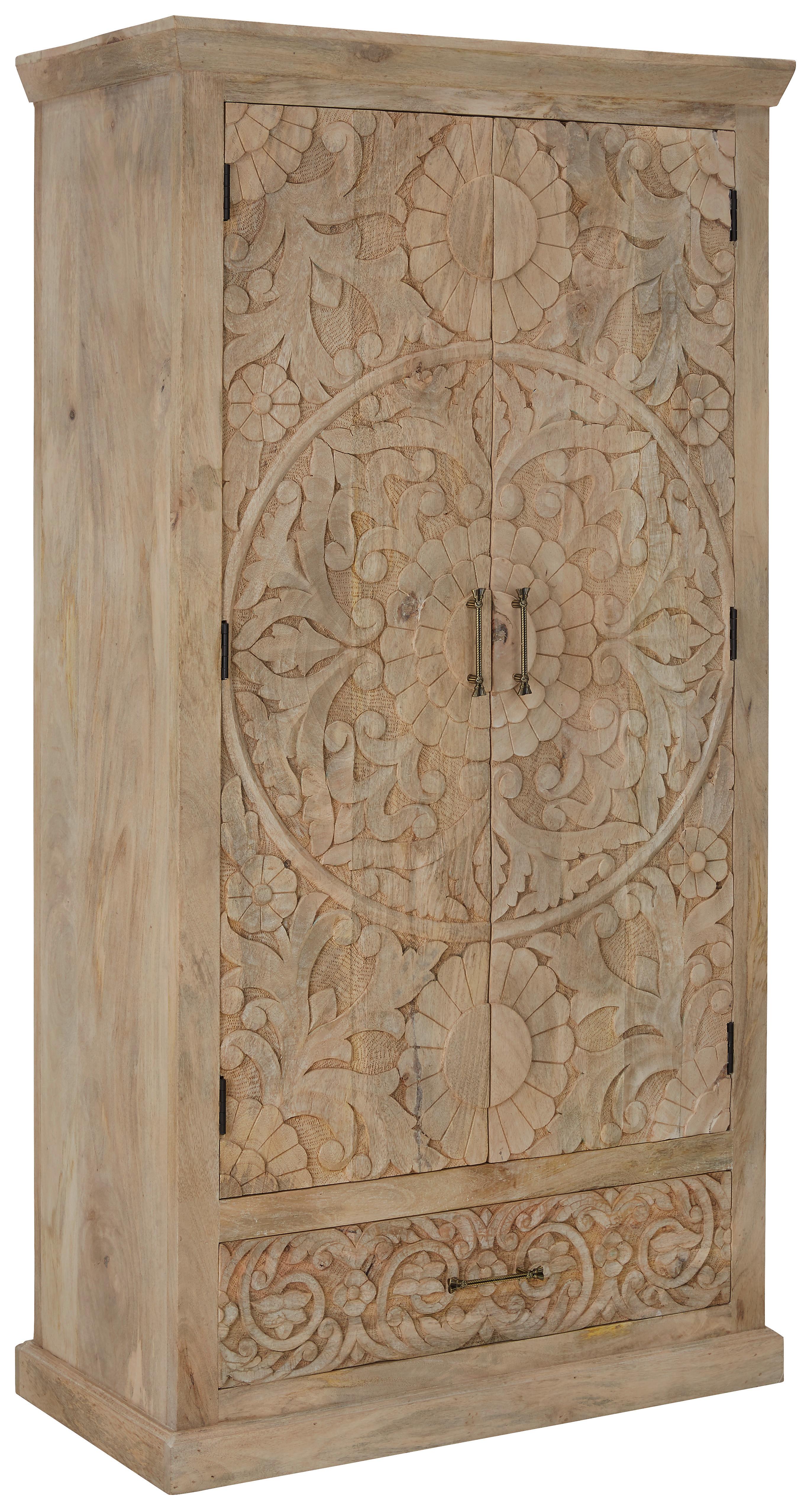 Schrank aus Mangoholz massiv - Messingfarben/Naturfarben, Romantik / Landhaus, Holz/Metall (90/175/45cm) - Zandiara