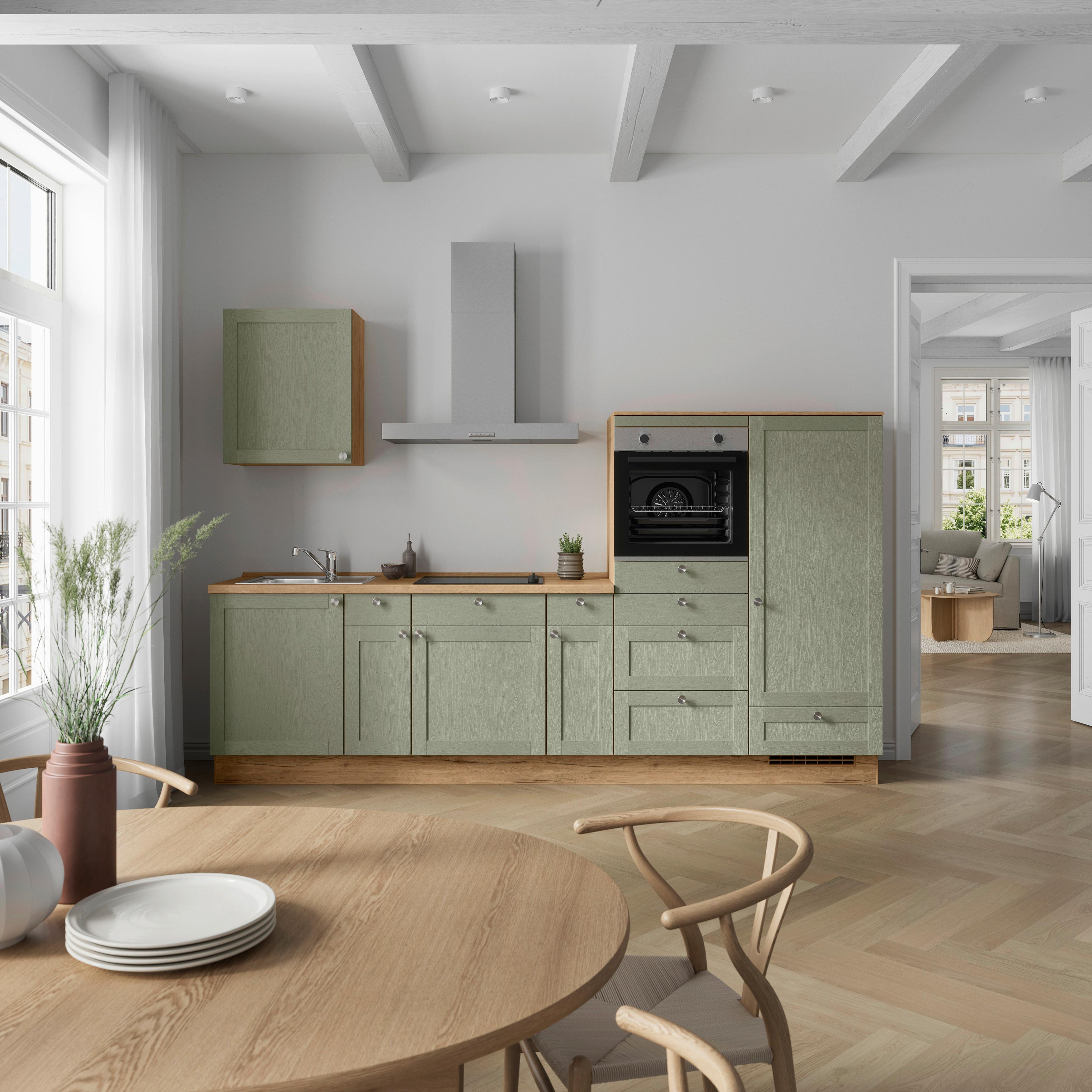 Küchenleerblock Frame Low o. Geräte Olivgrün - Edelstahlfarben/Eichefarben, MODERN, Holzwerkstoff/Metall (300cm) - Nobilia
