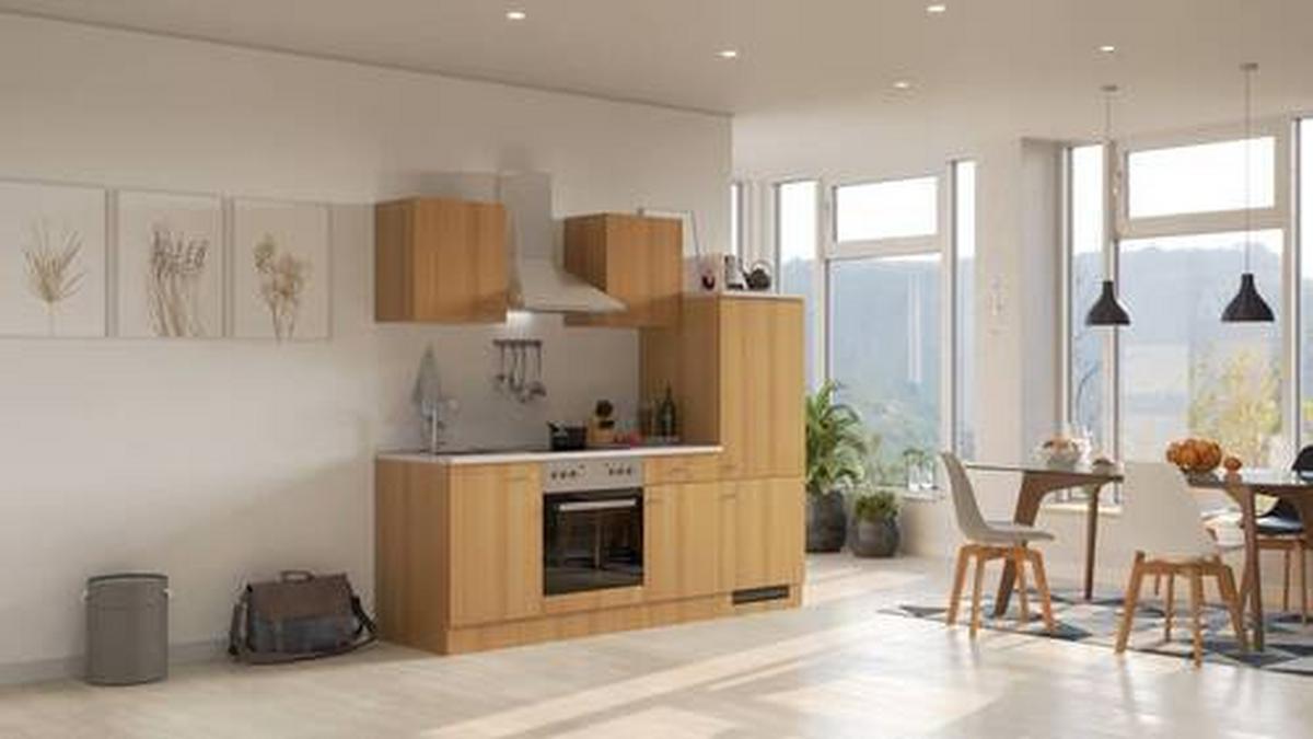 Küchenblock Nano mit Geräten ca. 220 cm Buchefarben - Edelstahlfarben/Beige, MODERN, Holzwerkstoff/Kunststoff (220cm) - FlexWell