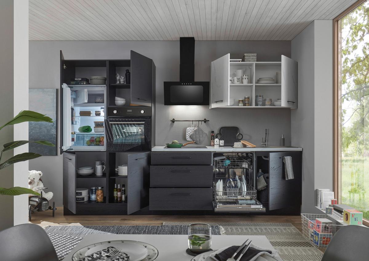 Küchenblock New York mit Geräten ca.320cm Graphitfarben - Graphitfarben/Schwarz, Design, Holzwerkstoff/Metall (320cm) - P & B
