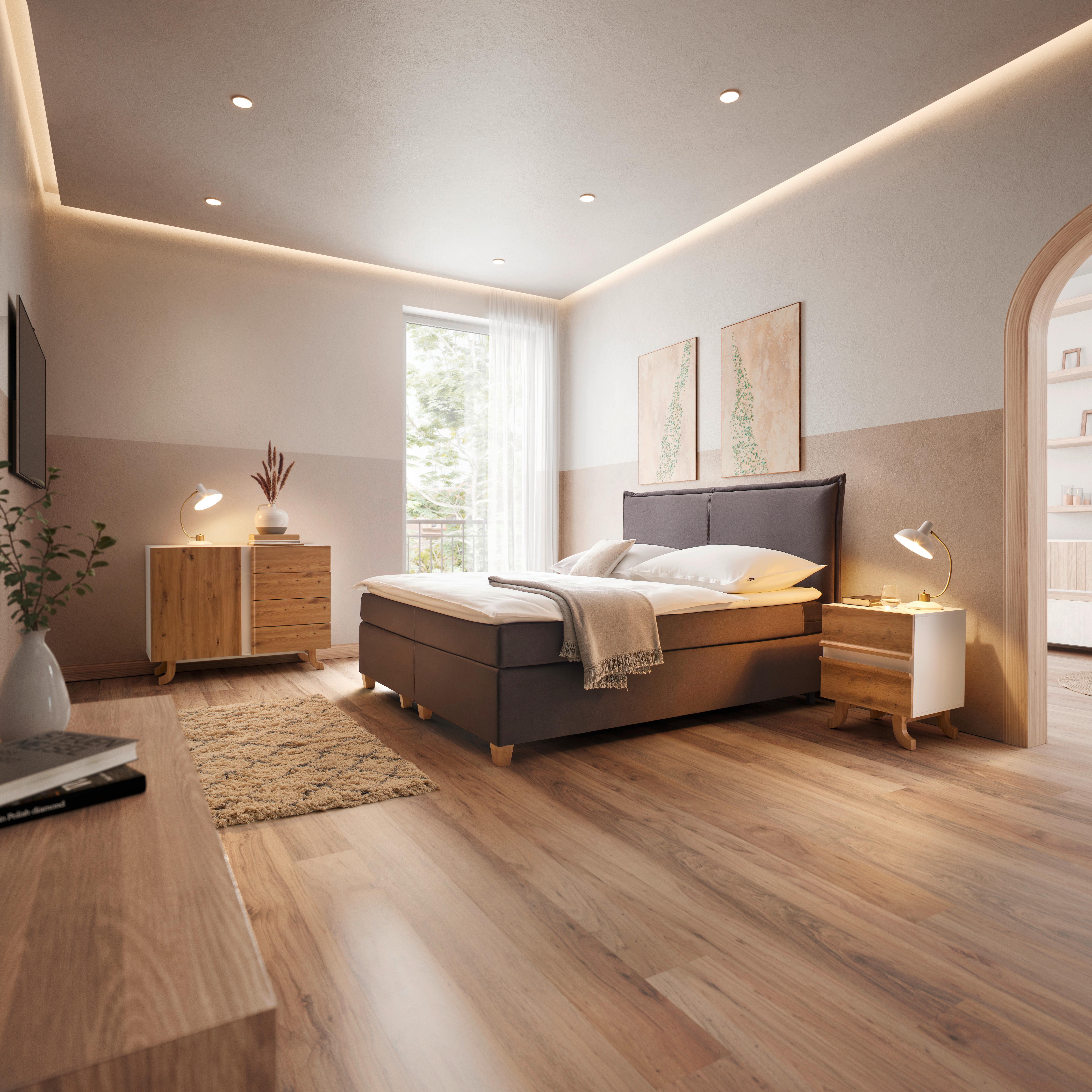 Boxbett Rina ca. 180x200 cm Grau mit Topper - Naturfarben/Grau, MODERN, Holz/Textil (180/200cm) - Bessagi Home