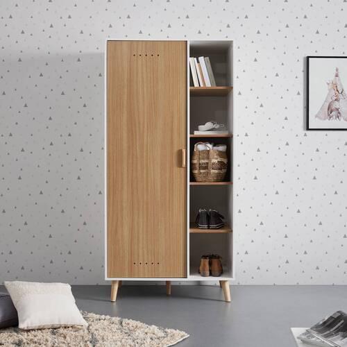 Kleiderschrank Holz, "Poppy", teilmassiv - Weiss/Naturfarben, Modern, Holz/Holzwerkstoff (90/185/55cm) - Bessagi Kids
