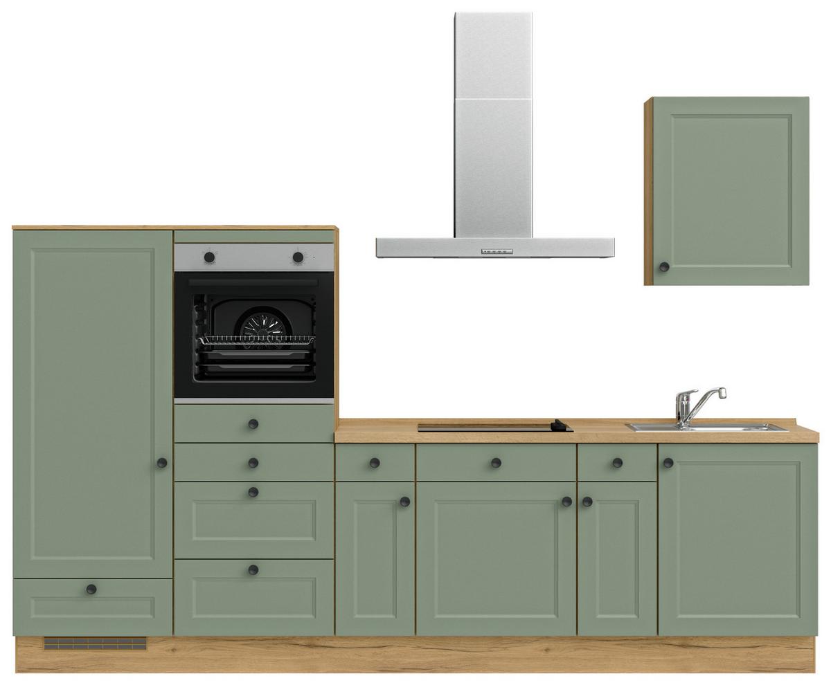 Küchenblock Cascada Low m. Geräten Schilfgrün - Schilfgrün/Eichefarben, MODERN, Holzwerkstoff/Metall (300cm) - Nobilia