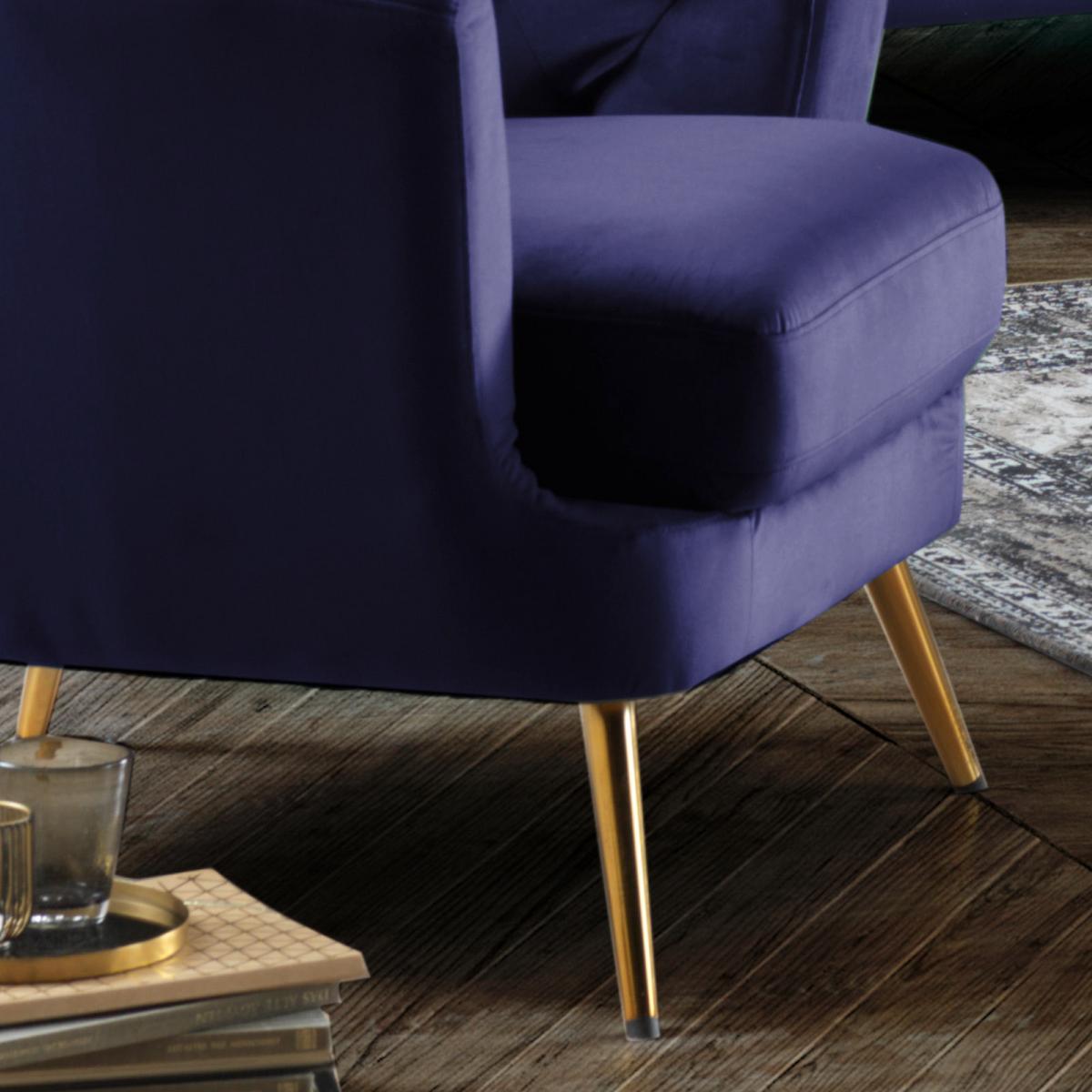 Fotelj Chesterfield Lita, Modra, Žamet - zlate barve/modra, Moderno, kovina/tekstil (89/78/83cm) - Modern Living