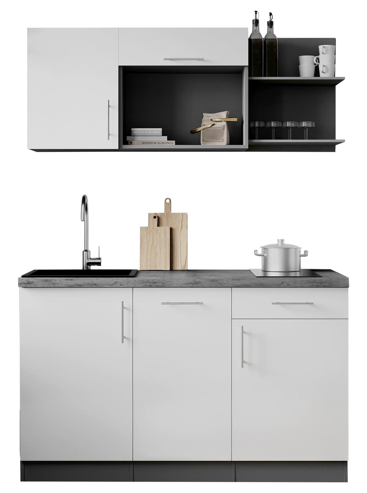 Miniküche Oliver m. Geräten ca. 145cm Weiß - Weiß/Grau, Trend, Holzwerkstoff/Metall (145cm) - Respekta