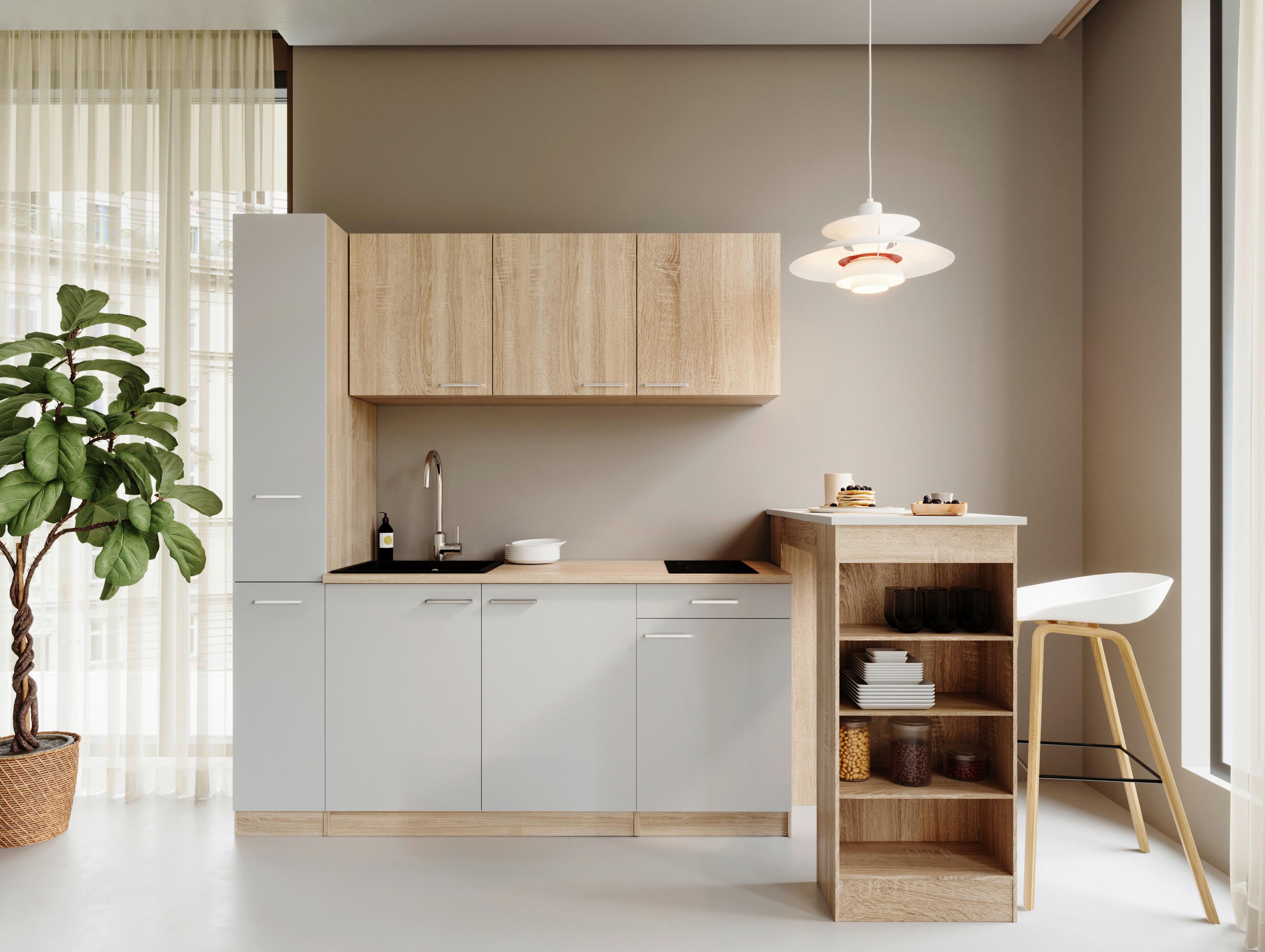 Küchenblock Ingrid m. Gerät Weiß - Eichefarben/Alufarben, Design, Holzwerkstoff/Kunststoff (180cm) - Respekta