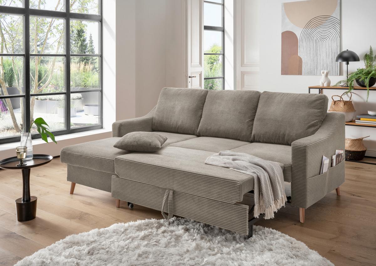 Ecksofa Valentina Graubraun Cord - Graubraun/Naturfarben, Design, Holz/Textil (150/228cm) - P & B