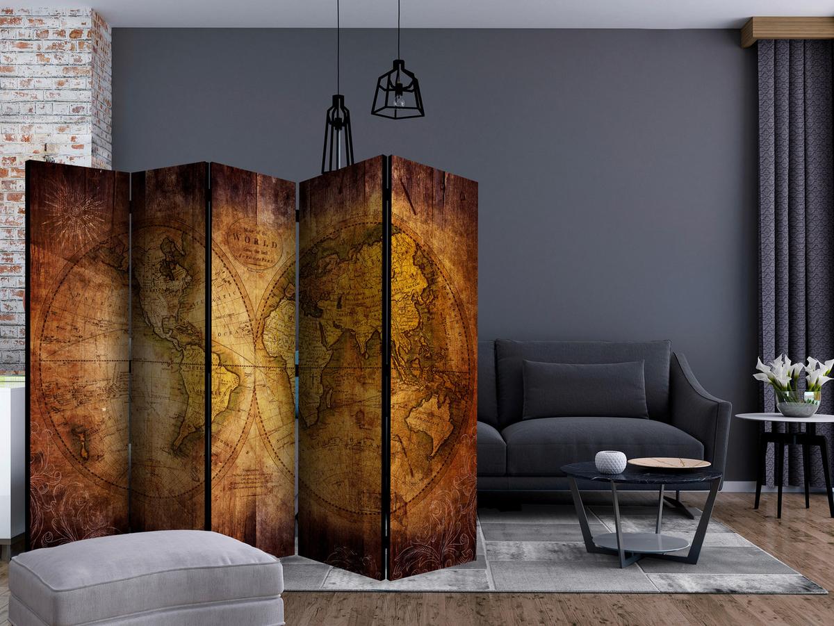 Paravan Old World Map, 5-Delni, Dvostranski - barve konjaka/rjava, Basics, tekstil/les (225/172/3cm) - artgeist