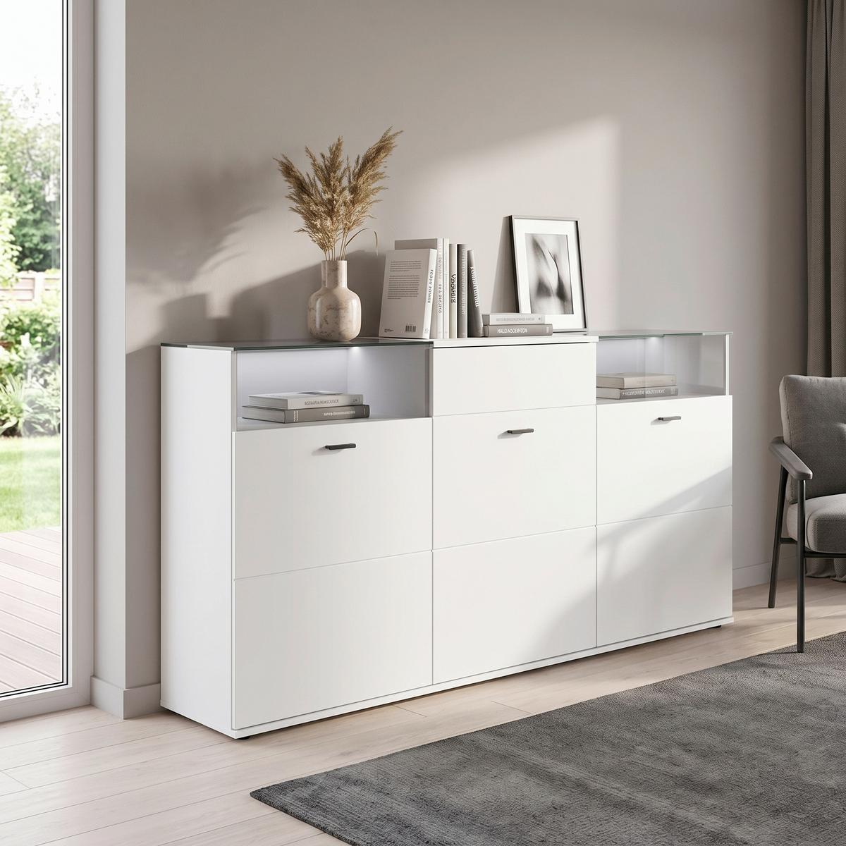 Komoda Rion - bela, Moderno, staklo/metal (180/84,7/38cm) - Modern Living