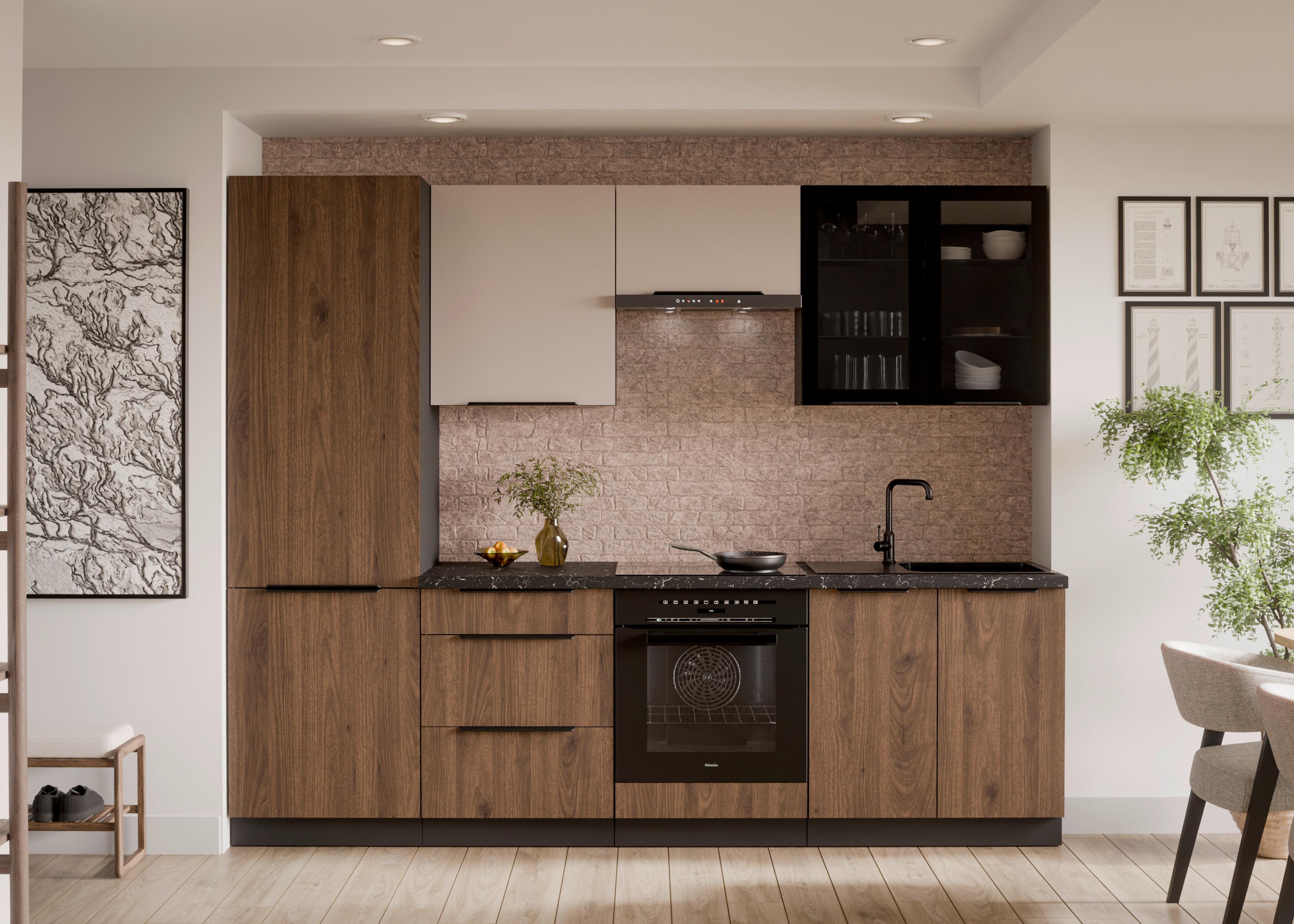 Bucatarie fara electrocasnice MONZA/ARONA - cașmir/culoare lemn de nuc, Modern, sticlă/material pe bază de lemn (260/210/60cm) - Modern Living