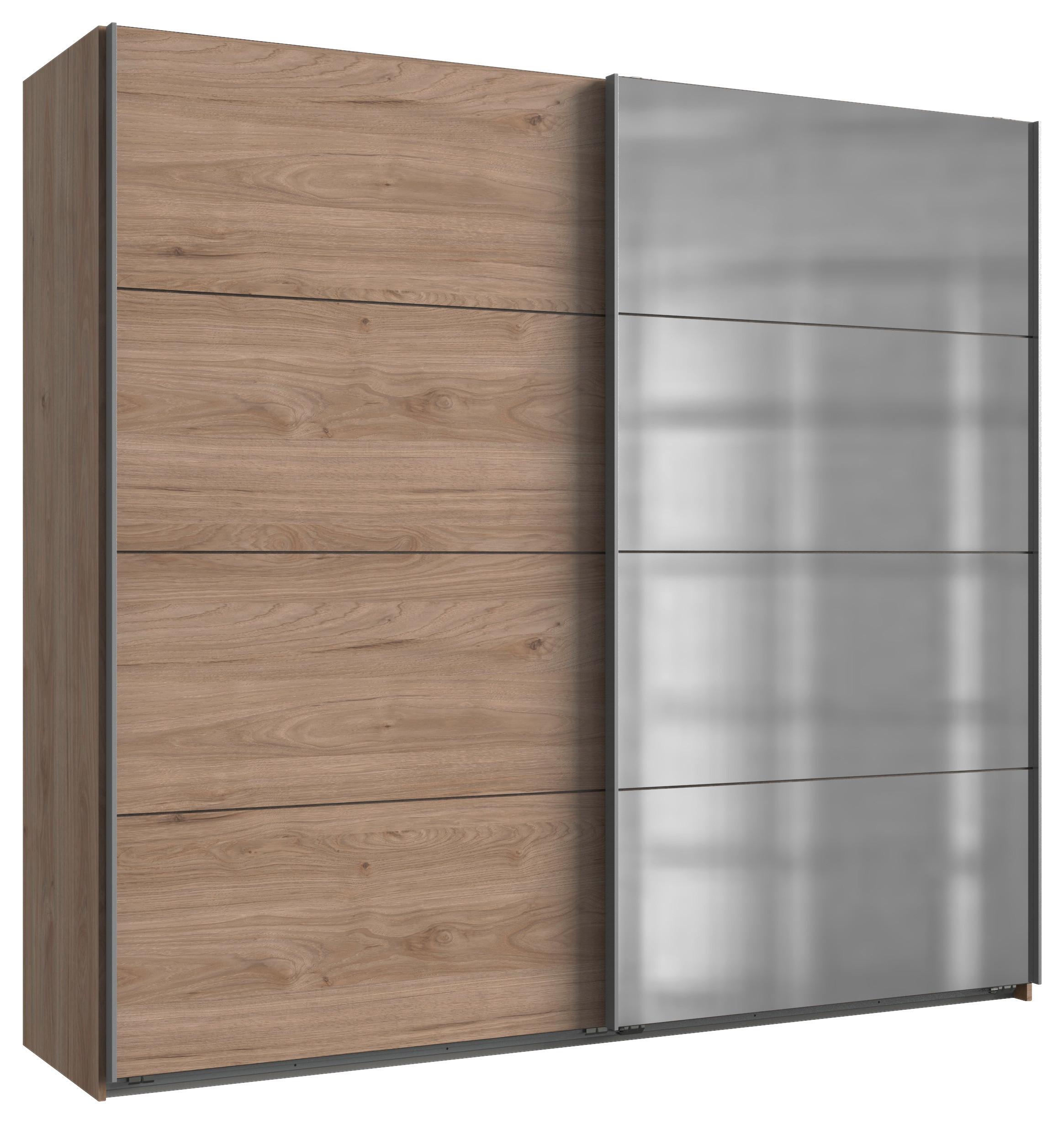 Omara Z Drsnimi Vrati Ernie, Barva Hrasta, Z Ogledalom - barve hrasta/barve aluminija, Basics, kovina/leseni material (225/210/65cm) - MID.YOU