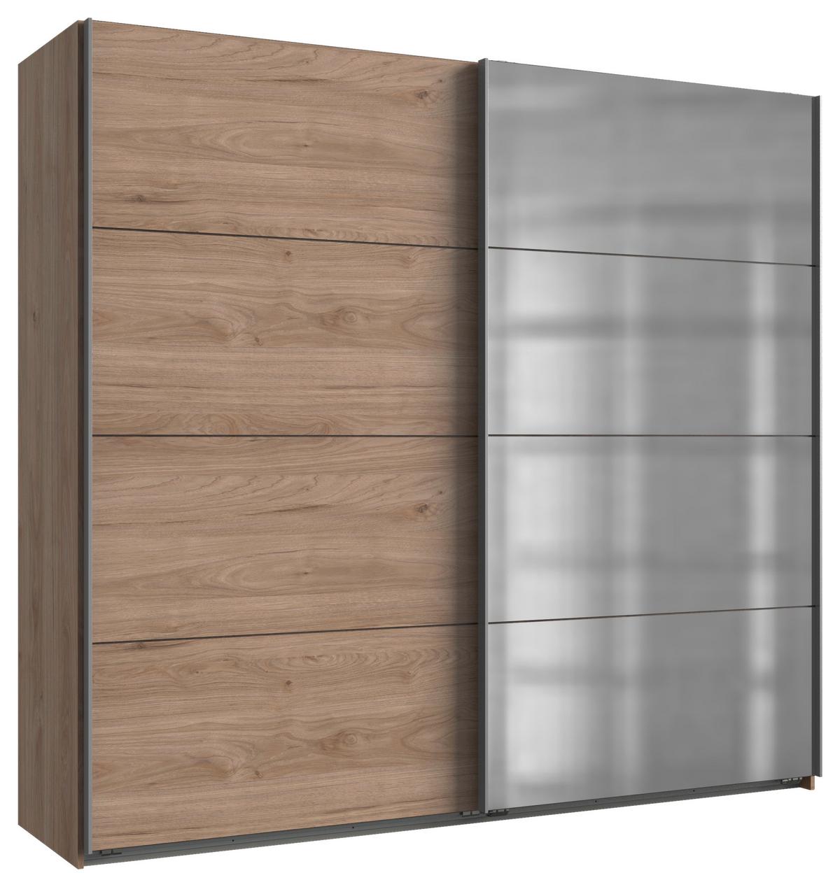 Omara Z Drsnimi Vrati Ernie, Barva Hrasta, Z Ogledalom - barve hrasta/barve aluminija, Basics, kovina/leseni material (225/210/65cm) - MID.YOU