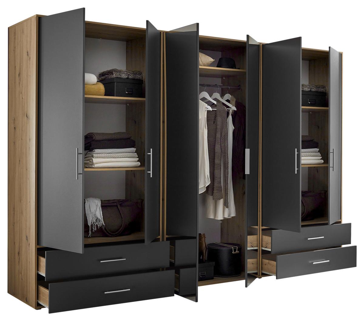 Șifonier VELAS - grafit/stejar Artisan, Konventionell, sticlă/material pe bază de lemn (305/207/58cm) - Modern Living