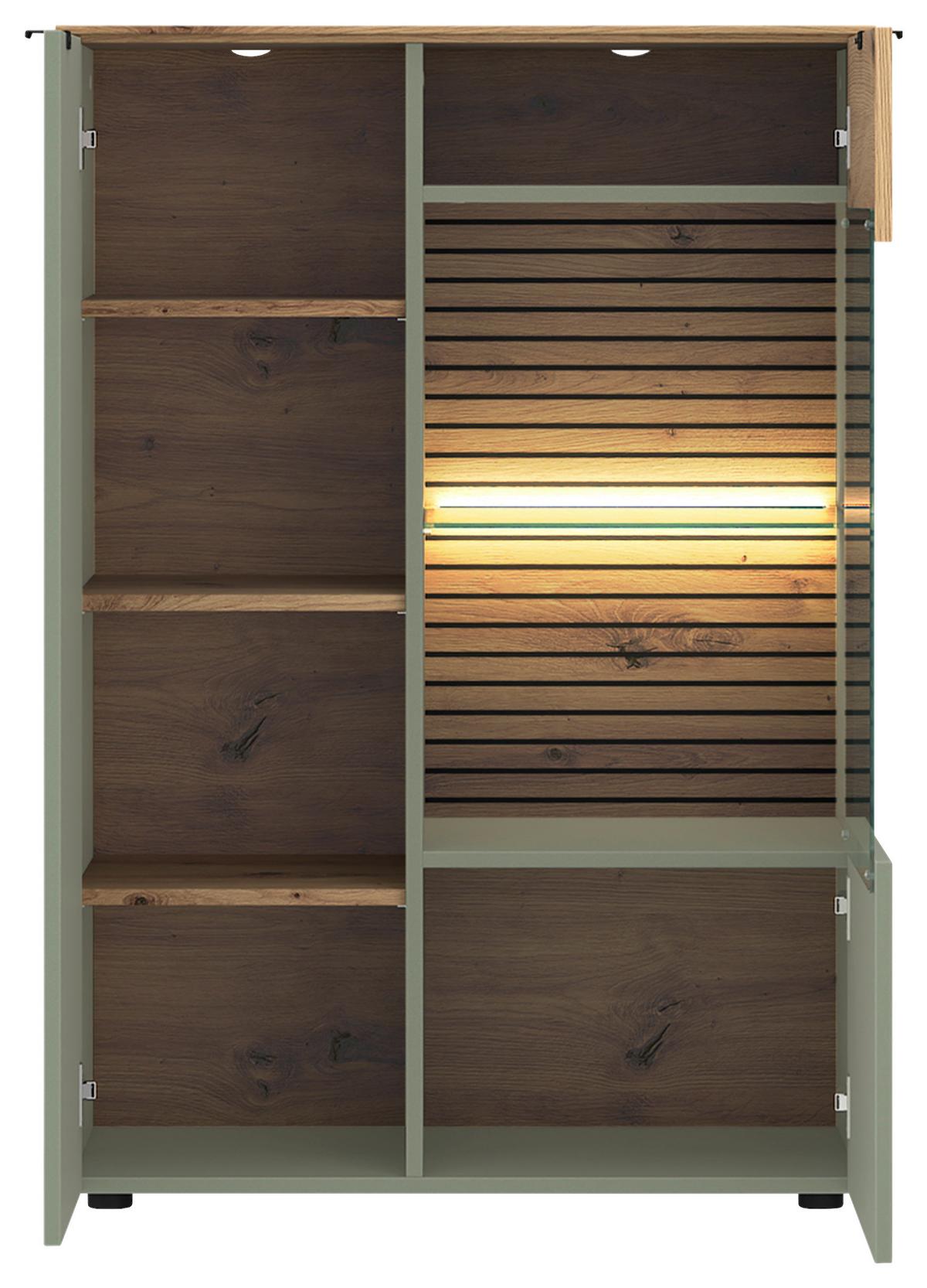 Vitrină NEXA - verde salvie/stejar Artisan, Basics, sticlă/material pe bază de lemn (80/116/40cm) - Modern Living