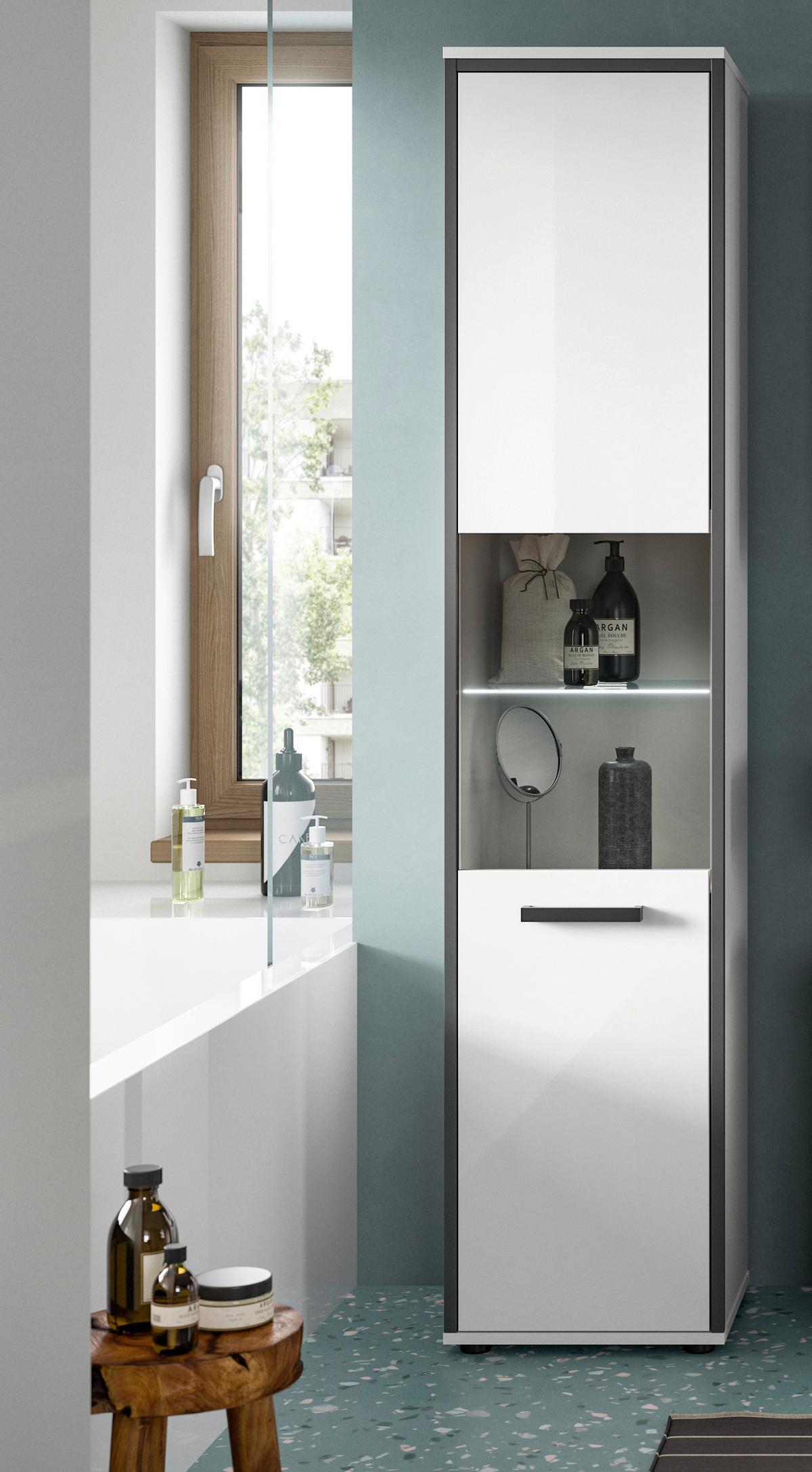 Hochschrank Kojak Weiß/Anthrazit m. LED - Weiß Hochglanz/Schwarz, MODERN, Holzwerkstoff/Kunststoff (40/188/34cm) - MID.YOU