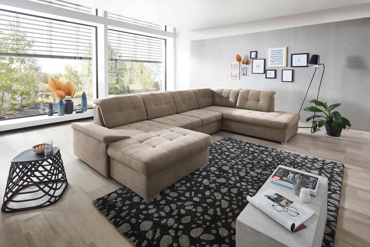 Wohnlandschaft Zira Taupe Nylon/Mikrofaser - Taupe/Chromfarben, Design, Kunststoff/Textil (169/330/212cm) - Livetastic