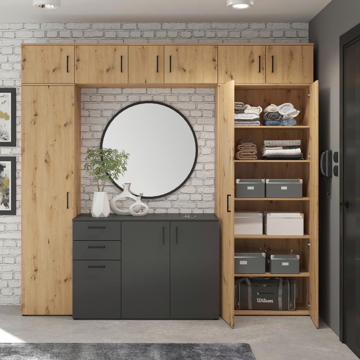 Schrank Multistauraum Eiche Artisan - Schwarz/Eiche Artisan, MODERN, Holzwerkstoff/Kunststoff (45/195/40cm) - Mömax