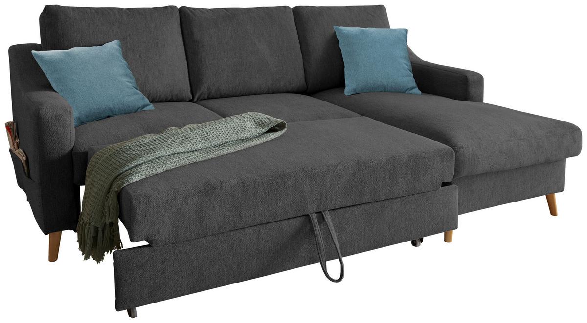 Wohnlandschaft Valentina Schwarz Mikrofaser - Blau/Schwarz, Design, Holz/Textil (228/150cm) - MID.YOU