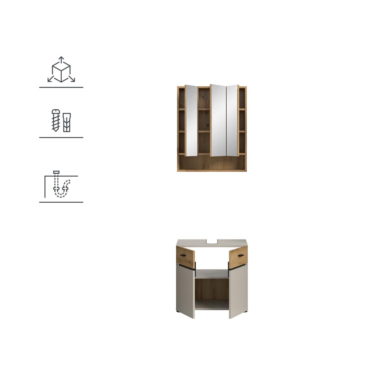 Badezimmer Aqua Eichefarben/Kaschmir 2-teilig - Kaschmir/Eichefarben, Trend, Glas/Holzwerkstoff (60cm) - MID.YOU