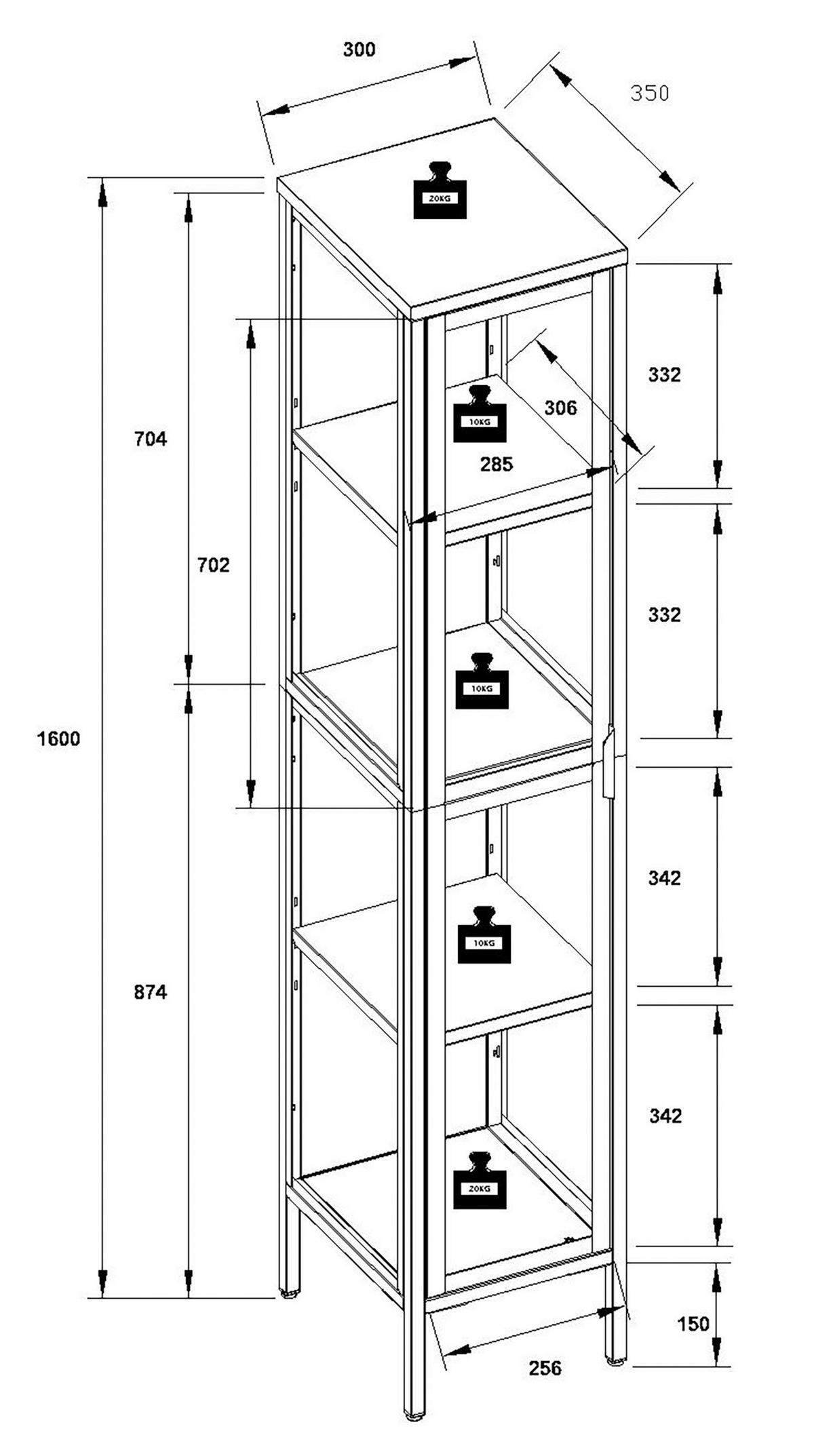 Vitrine Floka XL Weiß - Transparent/Weiß, Design, Glas/Metall (30/160/35cm) - MID.YOU